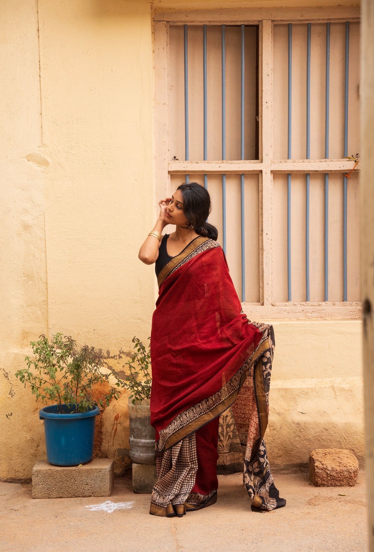Tripti -Maheshwari silk Bagru saree(Maroon)
