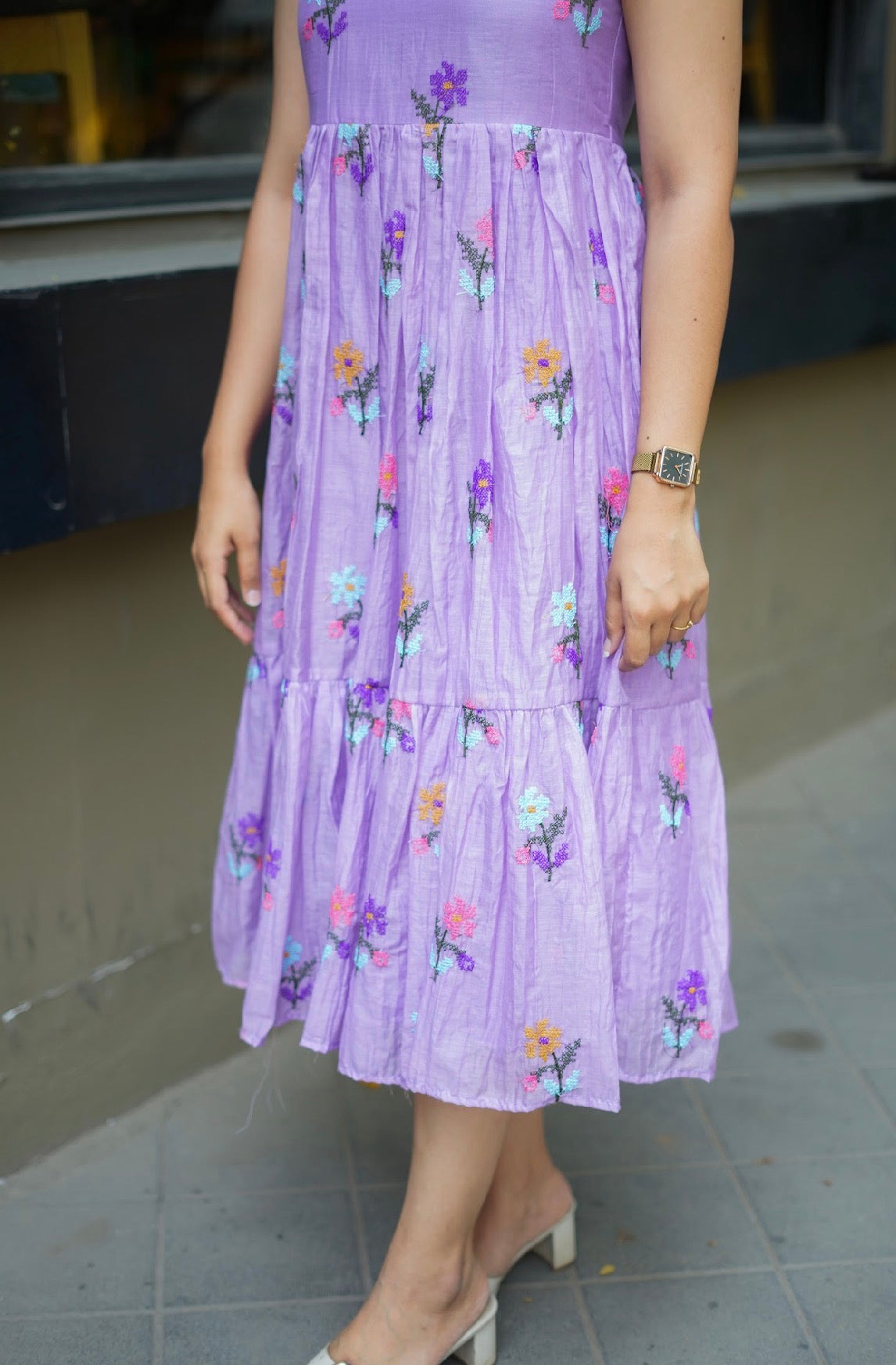 ANVI -  Lavendar mal Chanderi embroidered summer dress -(VC766)
