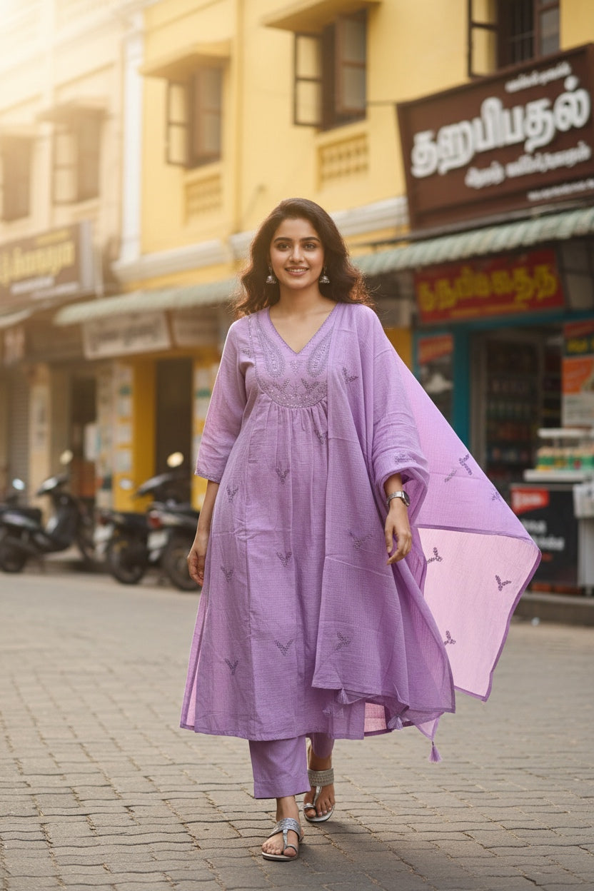 Saanvi – Lilac Kota Cotton Embroidered Suit Set