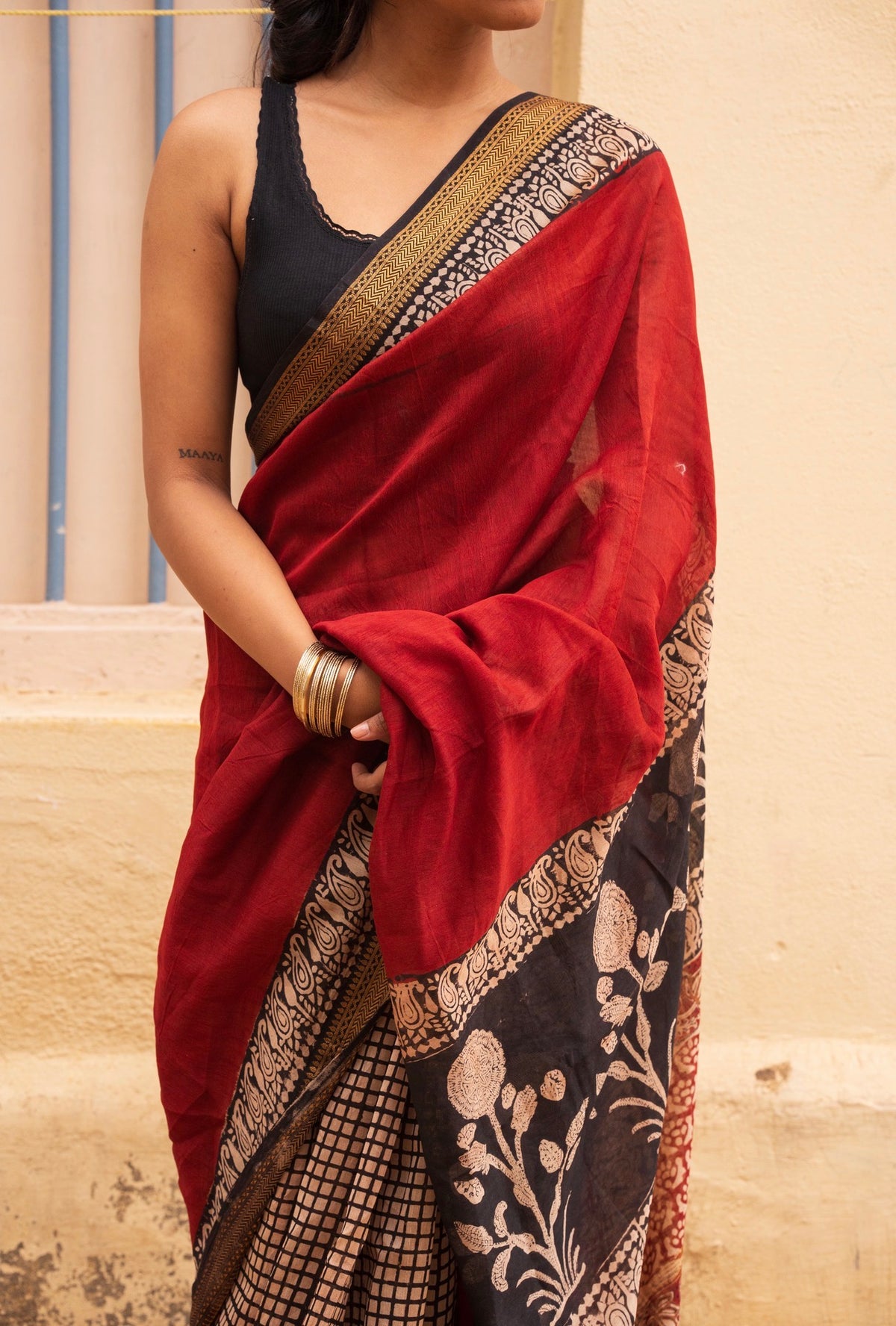 Tripti -Maheshwari silk Bagru saree(Maroon)
