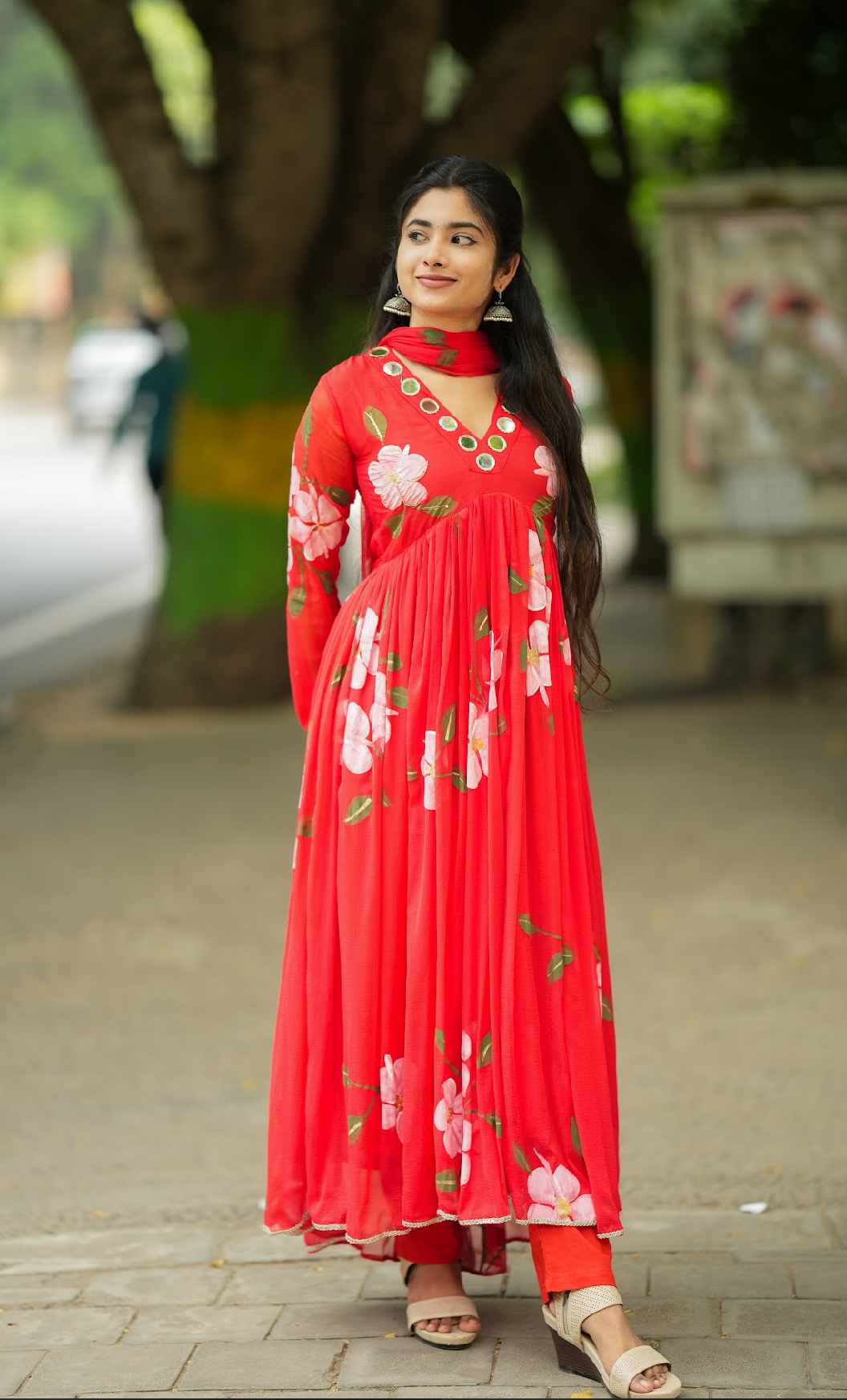 Tamara – Red Hand-Painted Chiffon Alia-Cut Suit