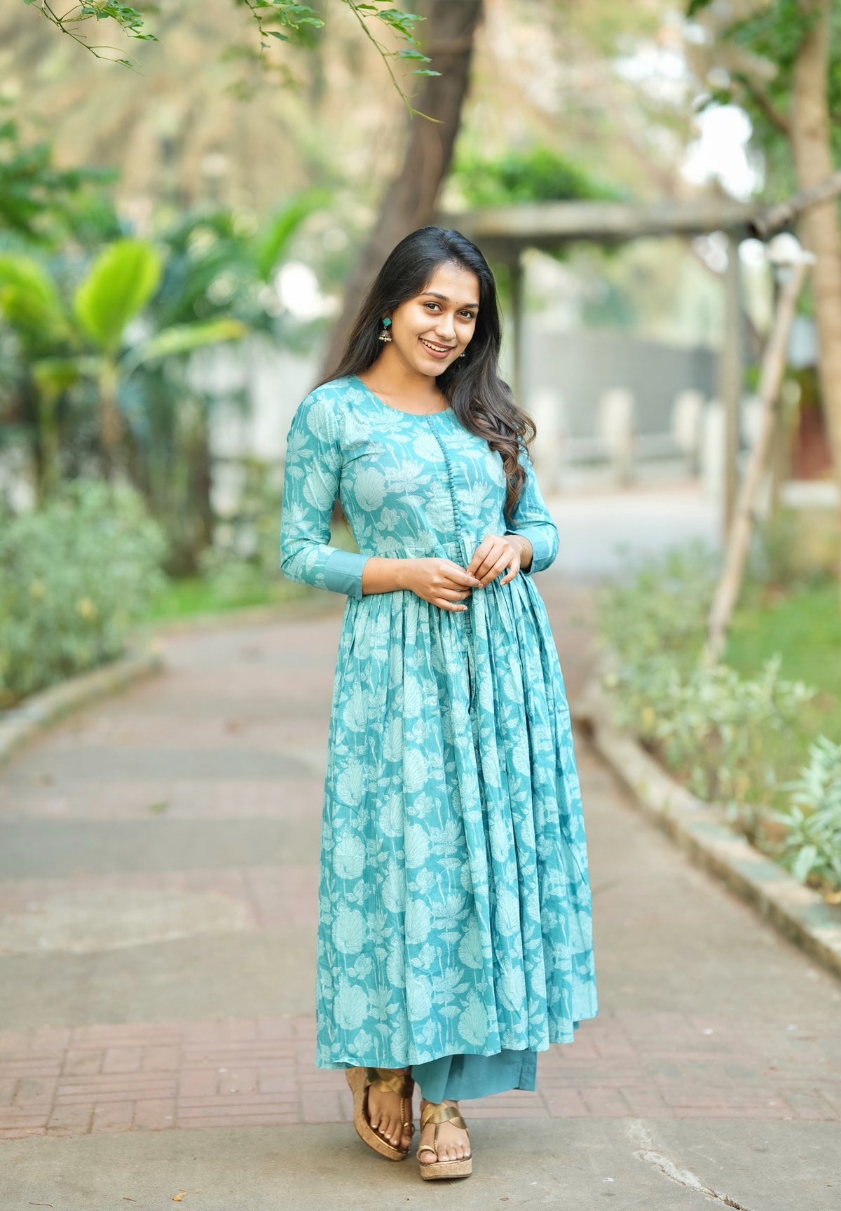 Amayra – Blue Cotton Handblock Print Anarkali Suit Set