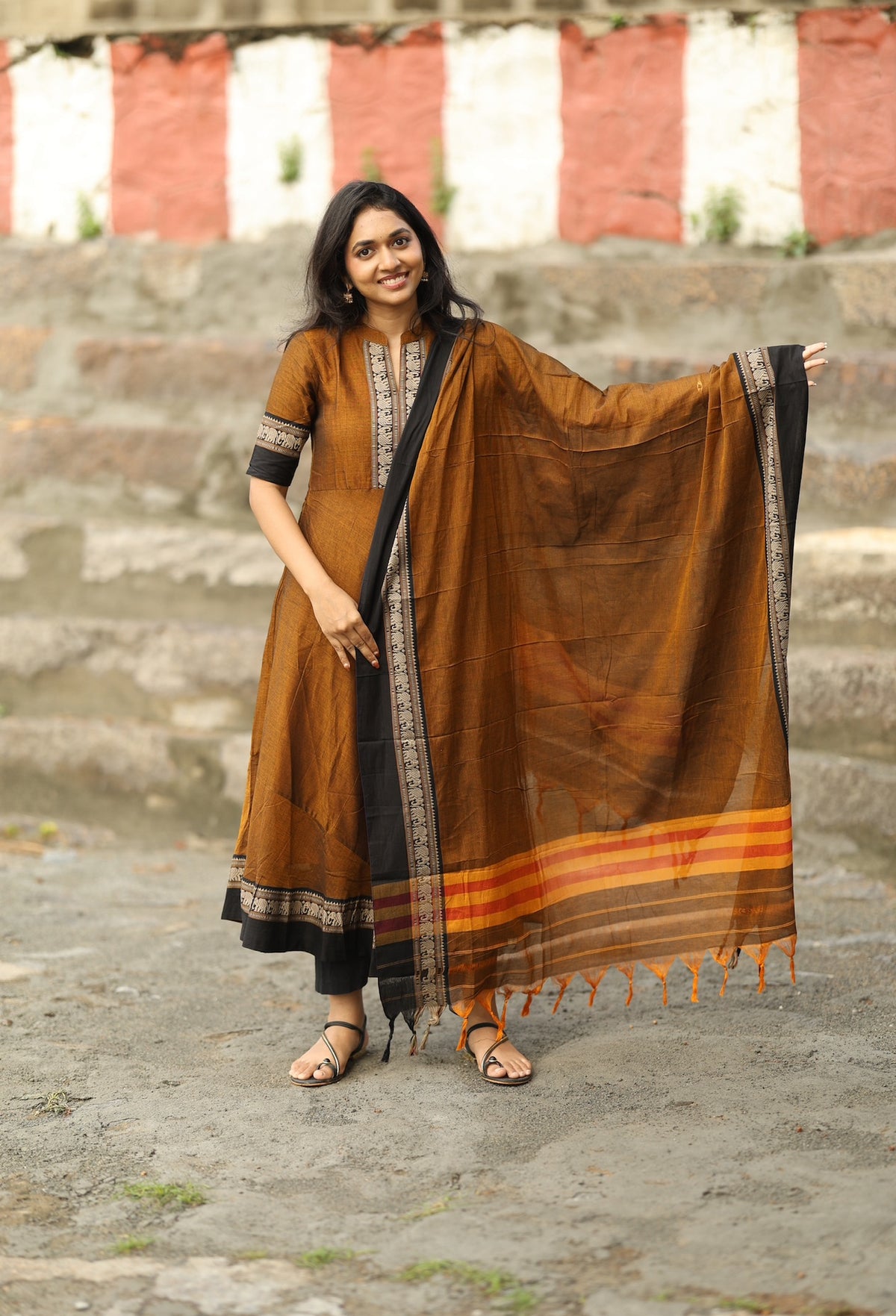 Arti – Brown Narayanpet Anarkali with Black Dupatta