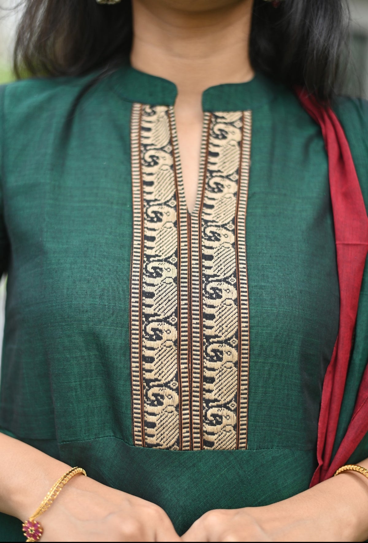 Arti – Green Narayanpet Anarkali with Red Dupatta