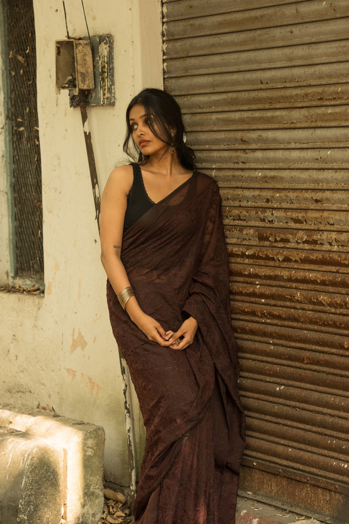 Mocha chikankari Saree-VCD1019