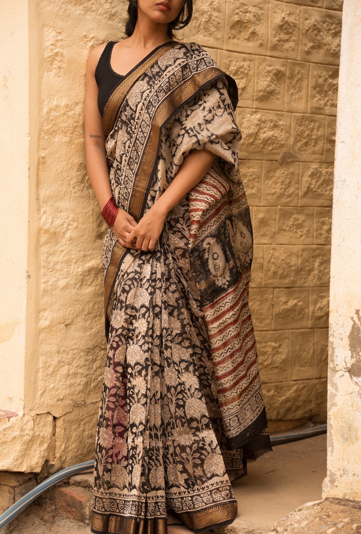 Tripti -Maheshwari silk Bagru saree(Black)