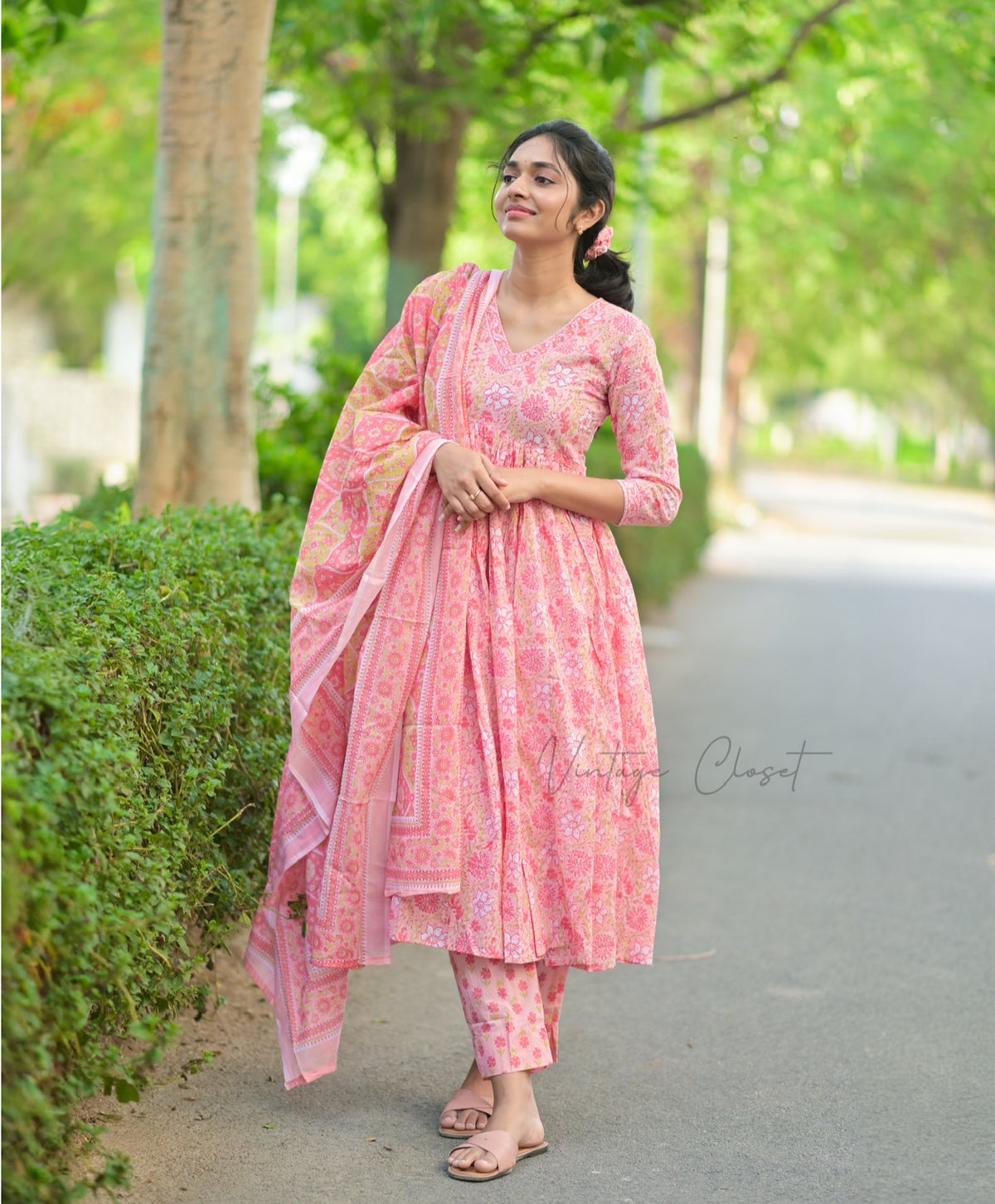 Sangamithra – Pink Handblock Print Suit with Kota Doria Dupatta