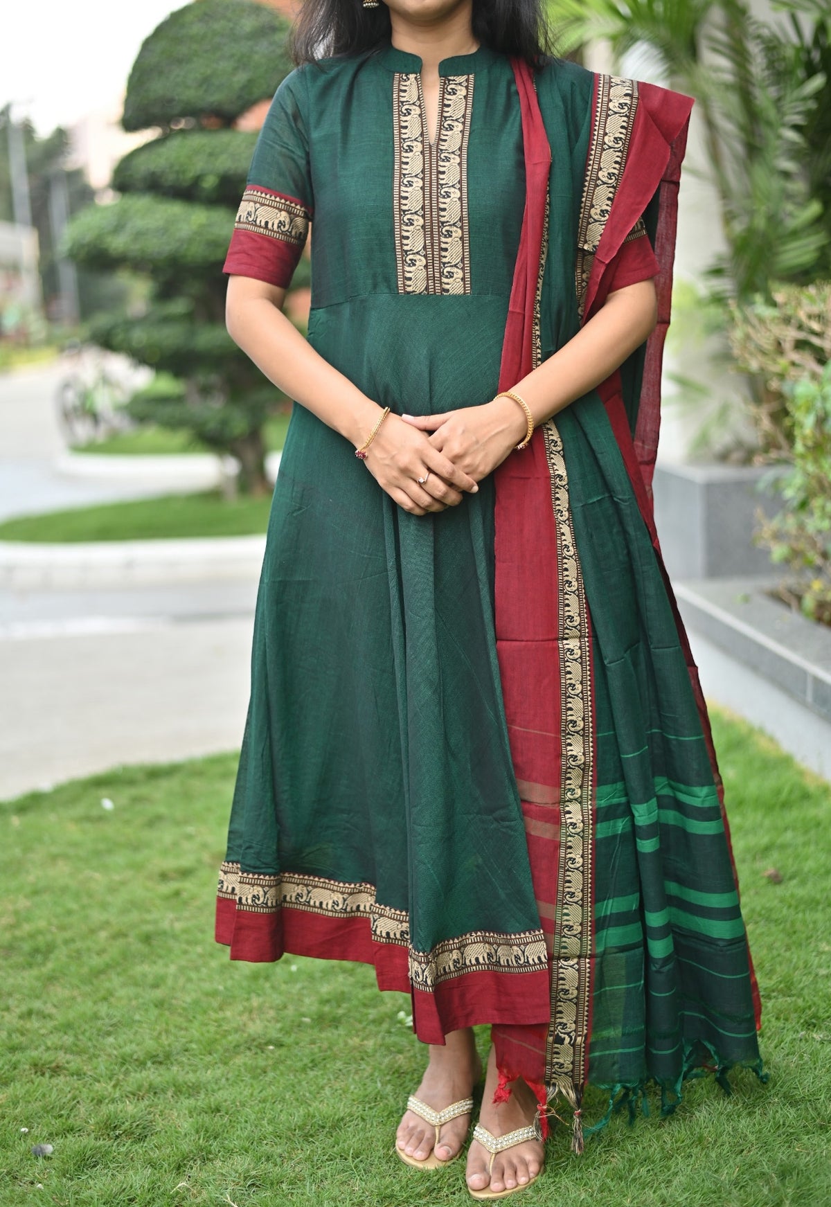 Arti – Green Narayanpet Anarkali with Red Dupatta