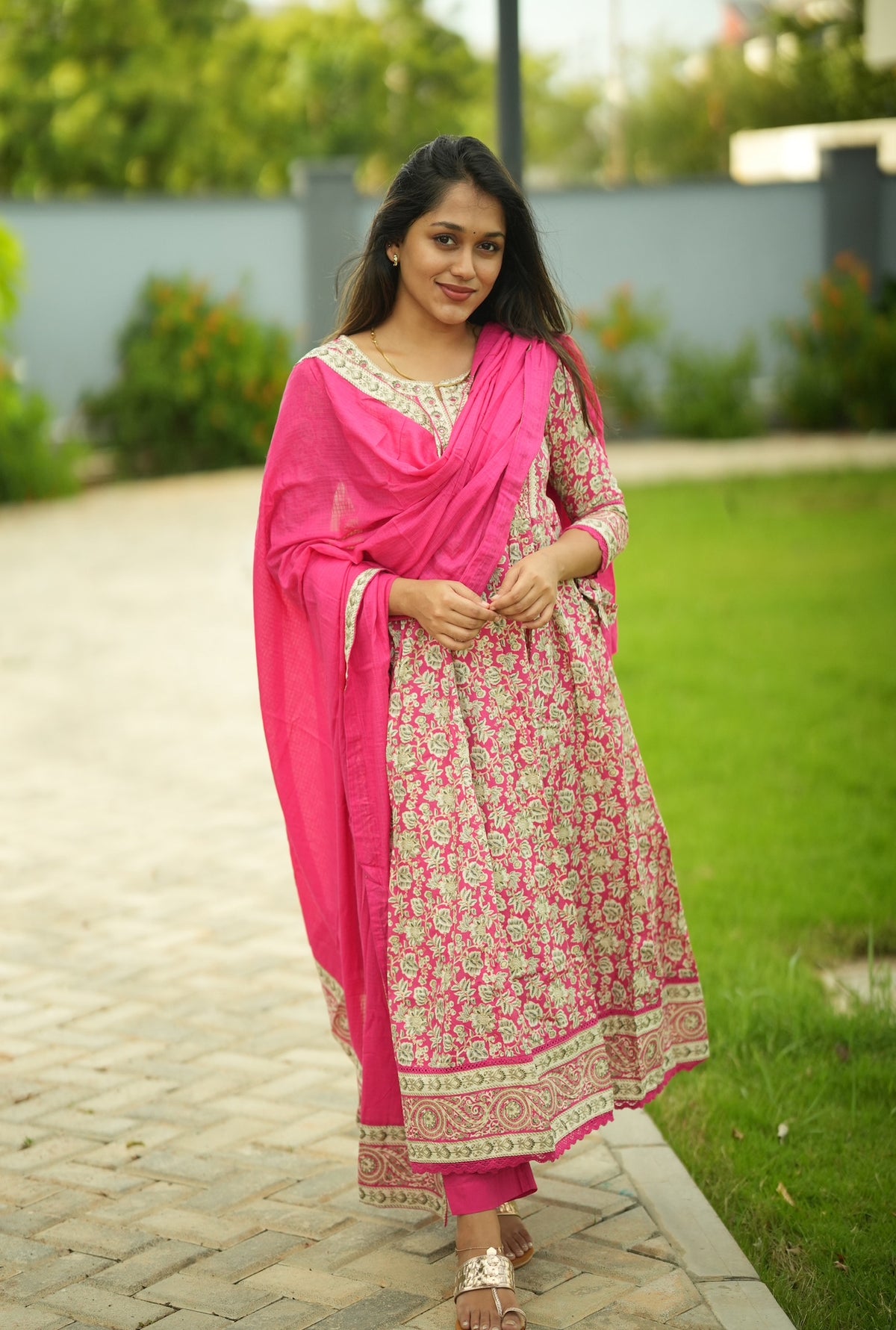 Premika – Pink Cotton Embroidered Anarkali Suit Set