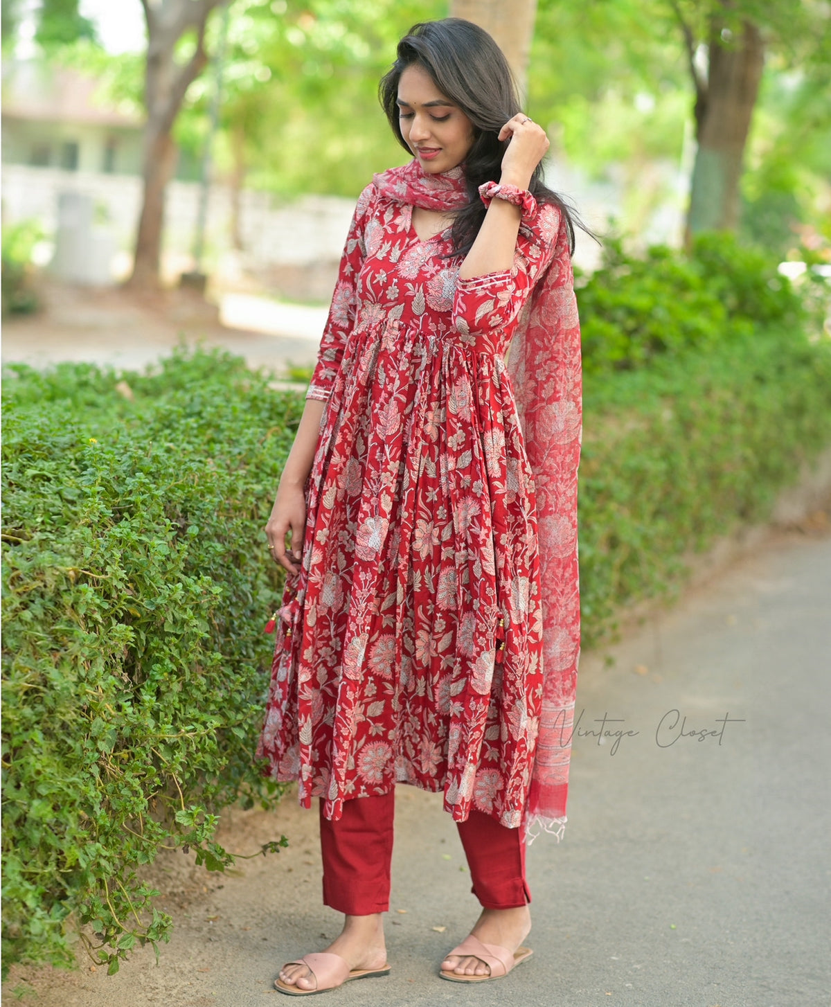 Kalpana – Red Handblock Print Suit with Kota Doria Dupatta