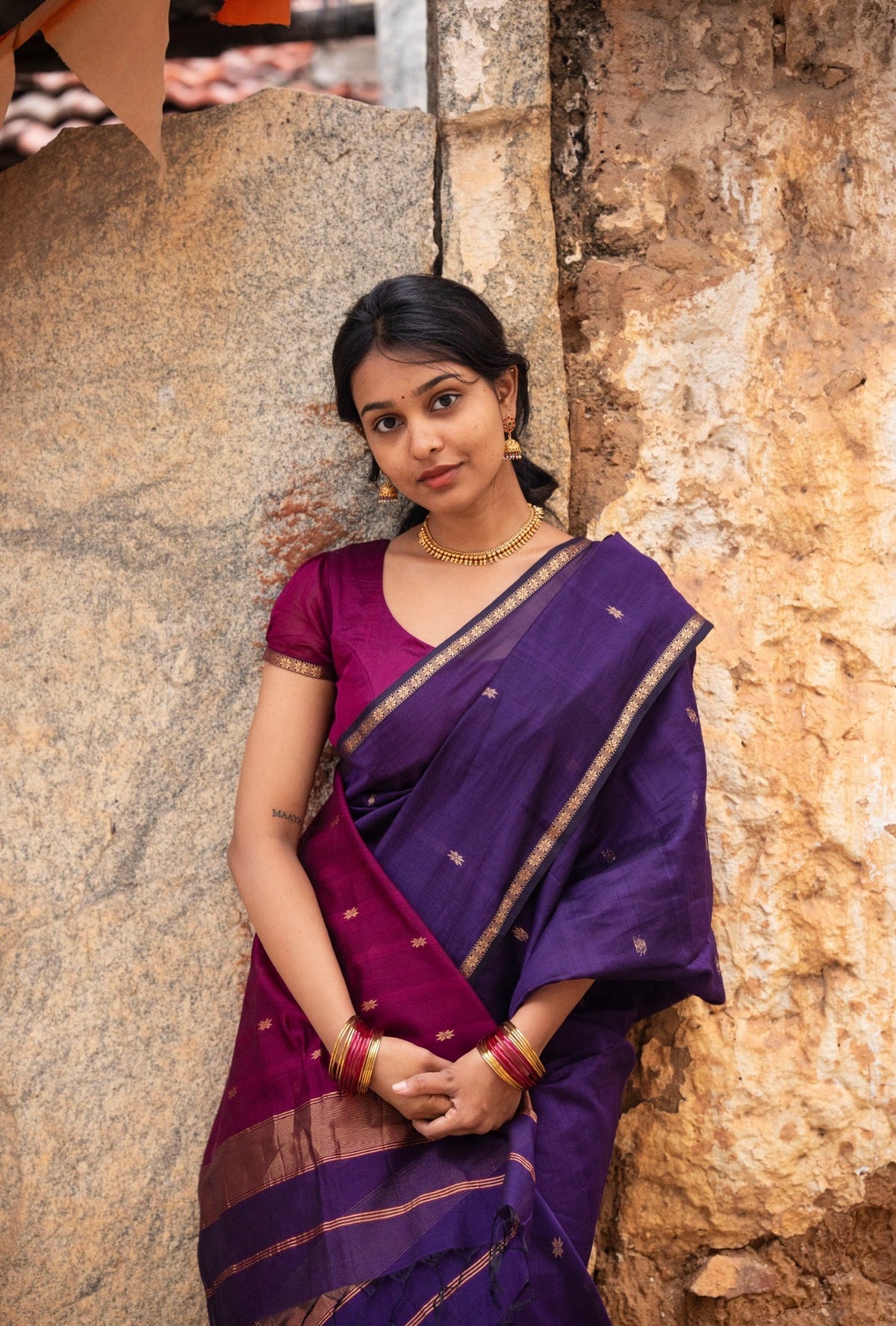 Sundari-Maheshwari silk saree (Violet+wine) VC1054