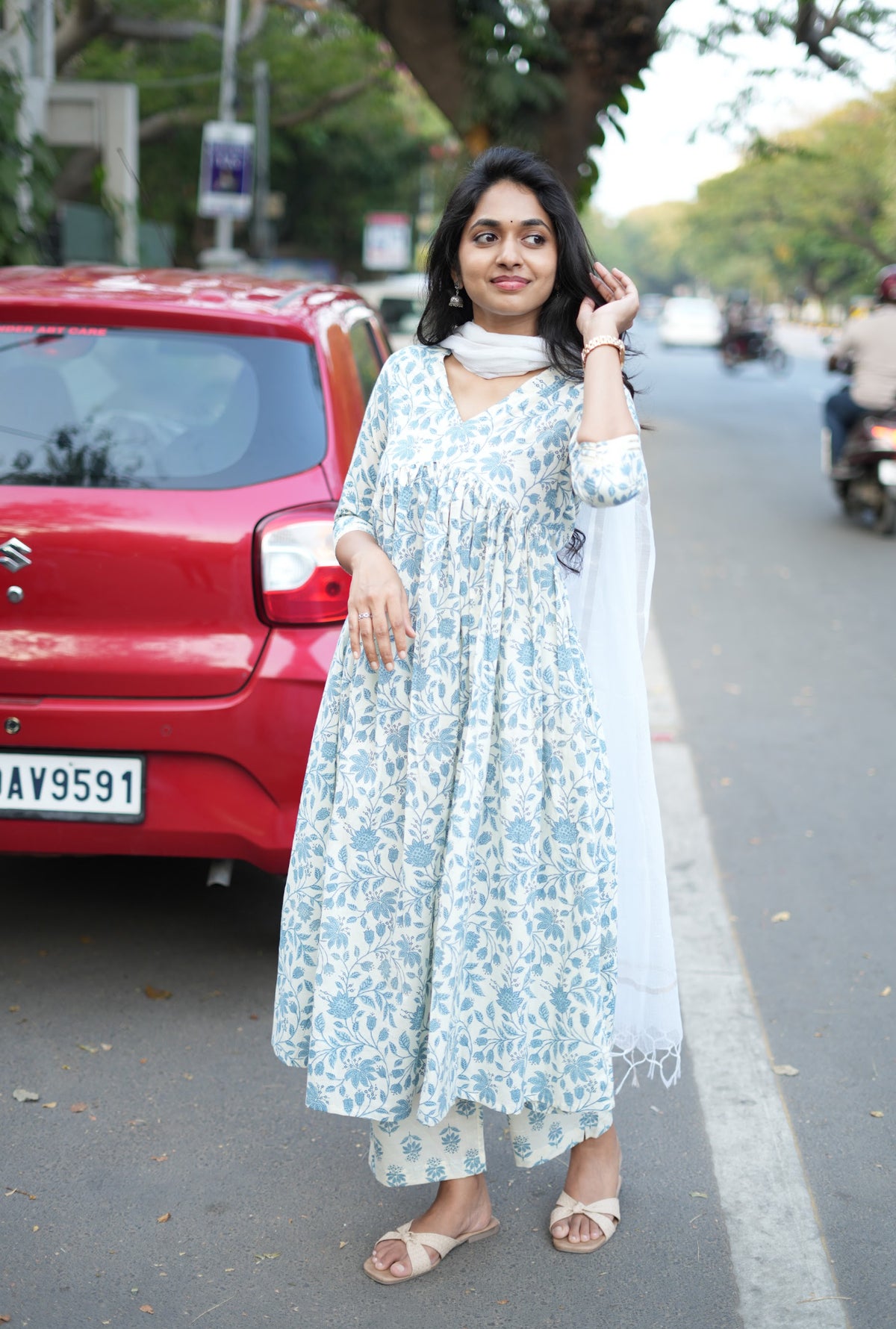 Avantra – Floral Cotton Alia-Cut Anarkali Suit Set