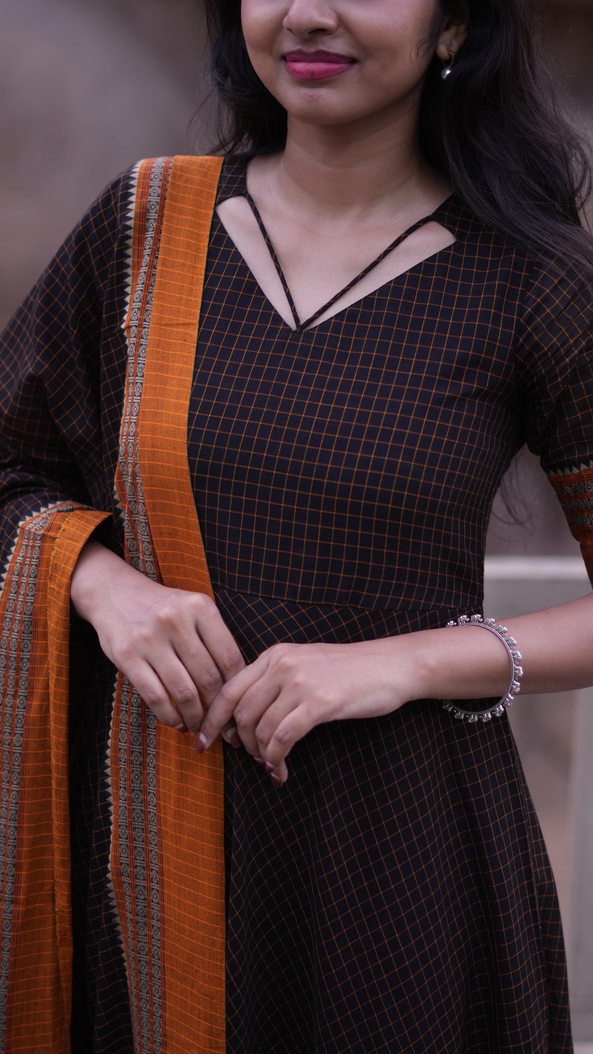 Arti Checks – Black Narayanpet Anarkali with Mustard Dupatta