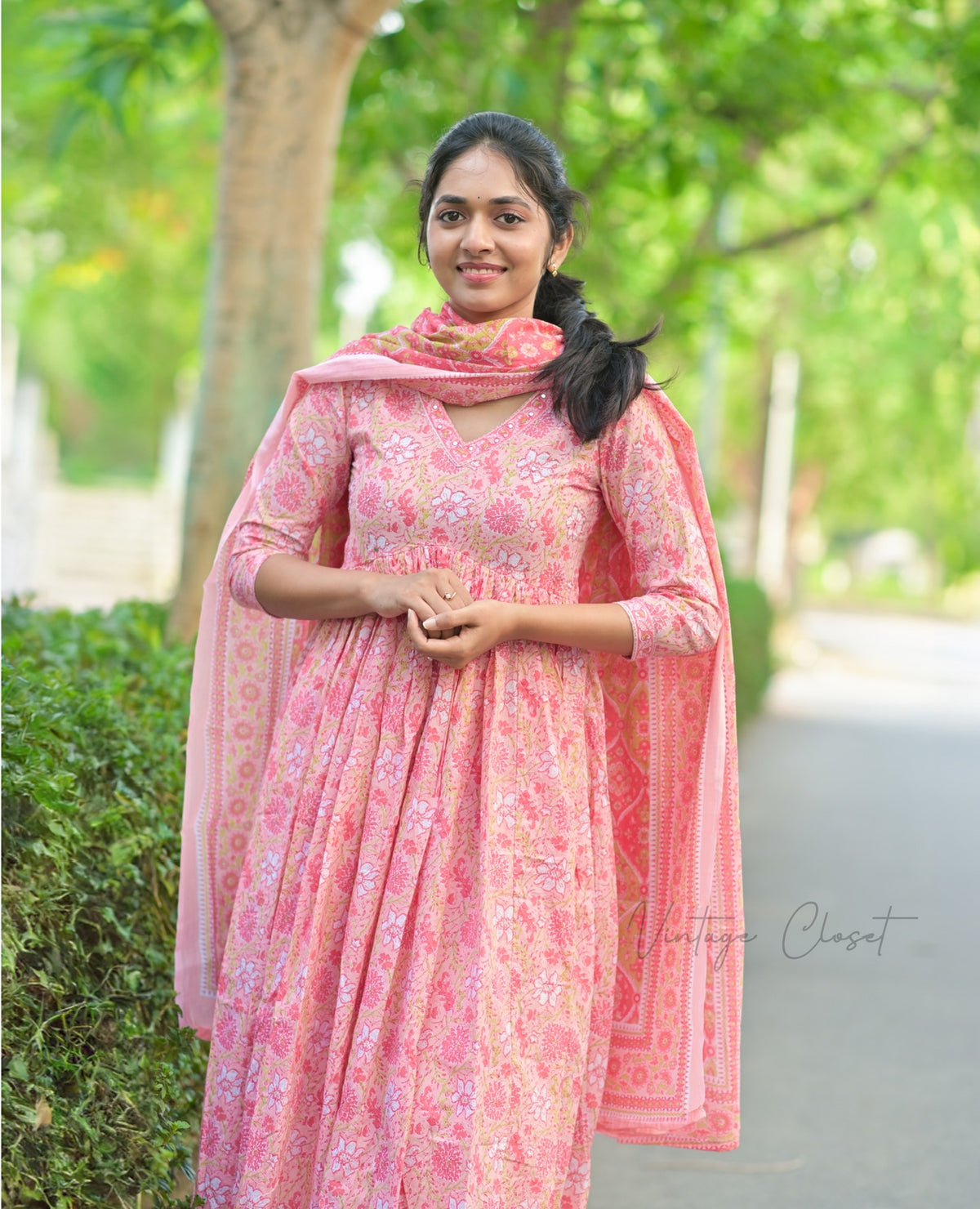 Sangamithra – Pink Handblock Print Suit with Kota Doria Dupatta