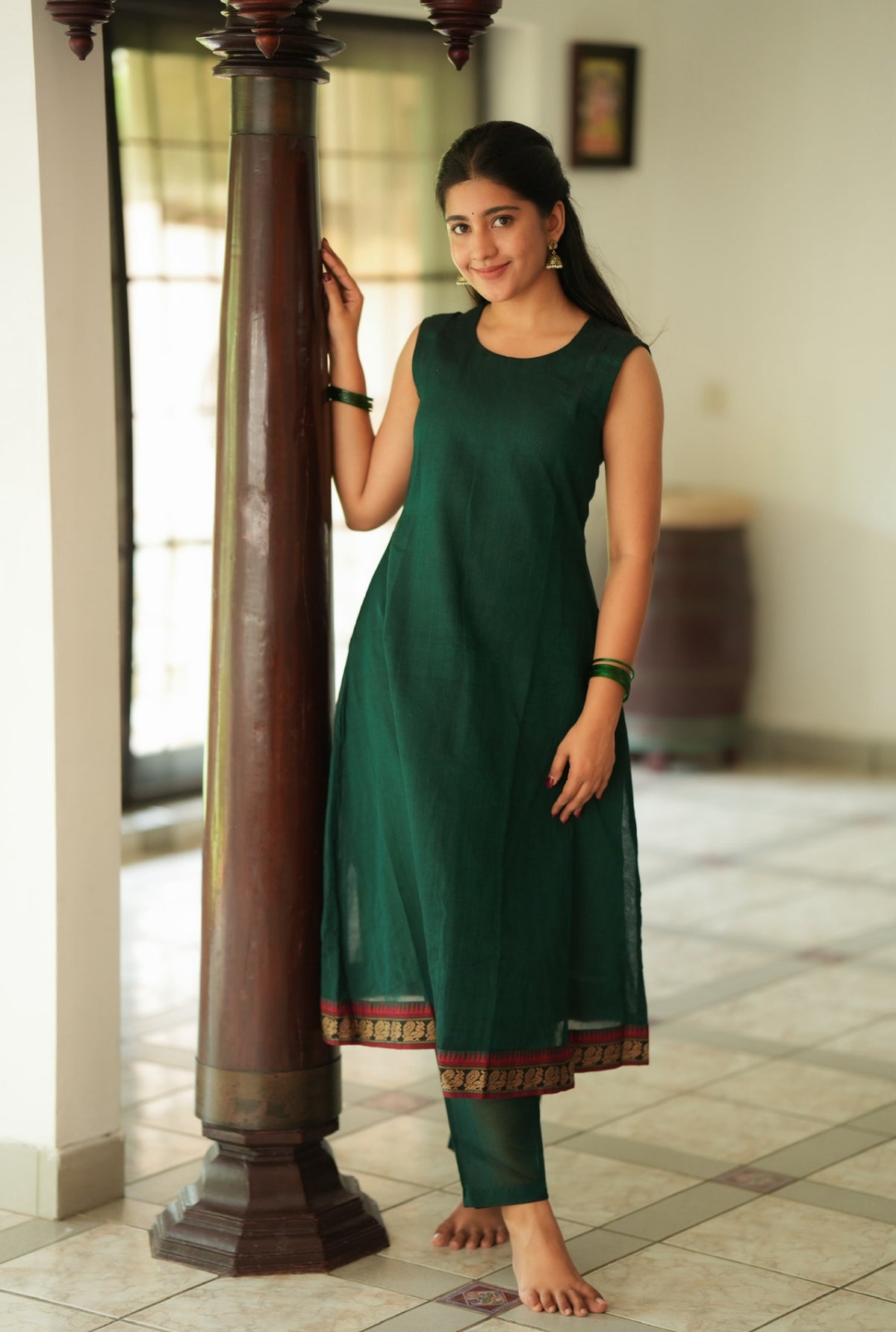 Shobana – Green Narayanpet A-Line Kurti & Bottom Set