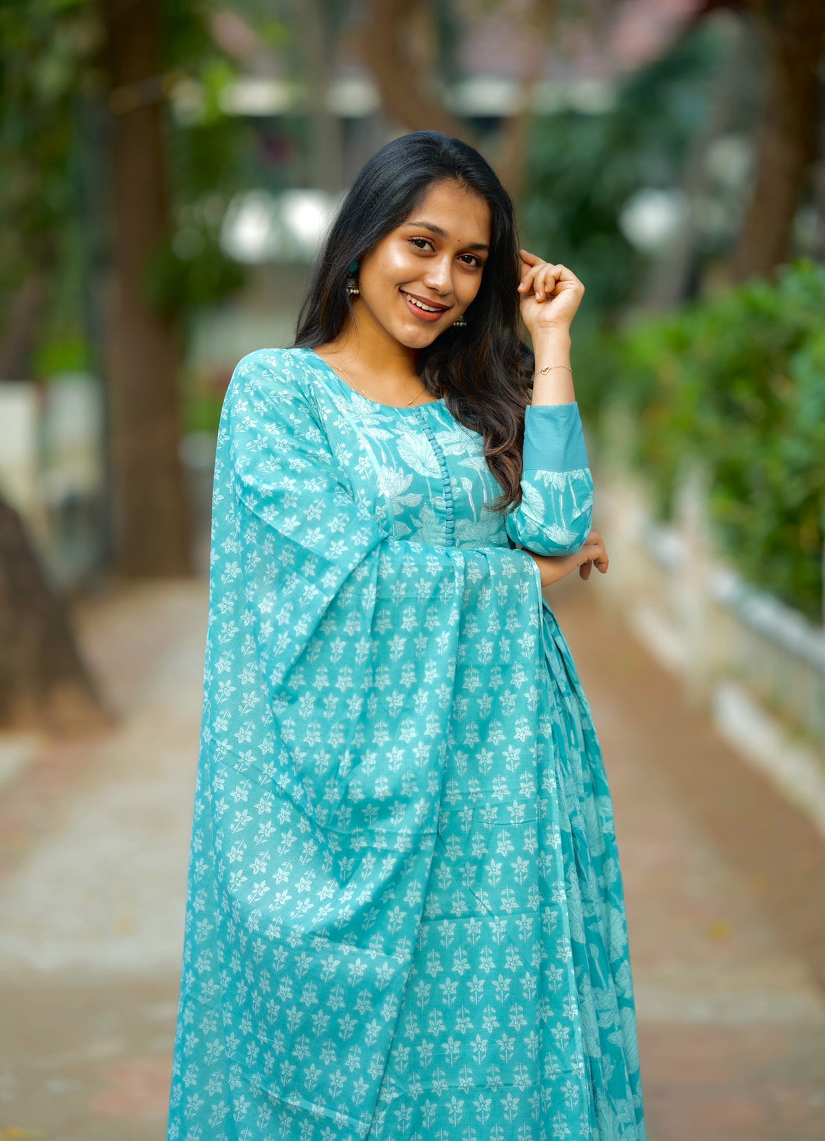 Amayra – Blue Cotton Handblock Print Anarkali Suit Set