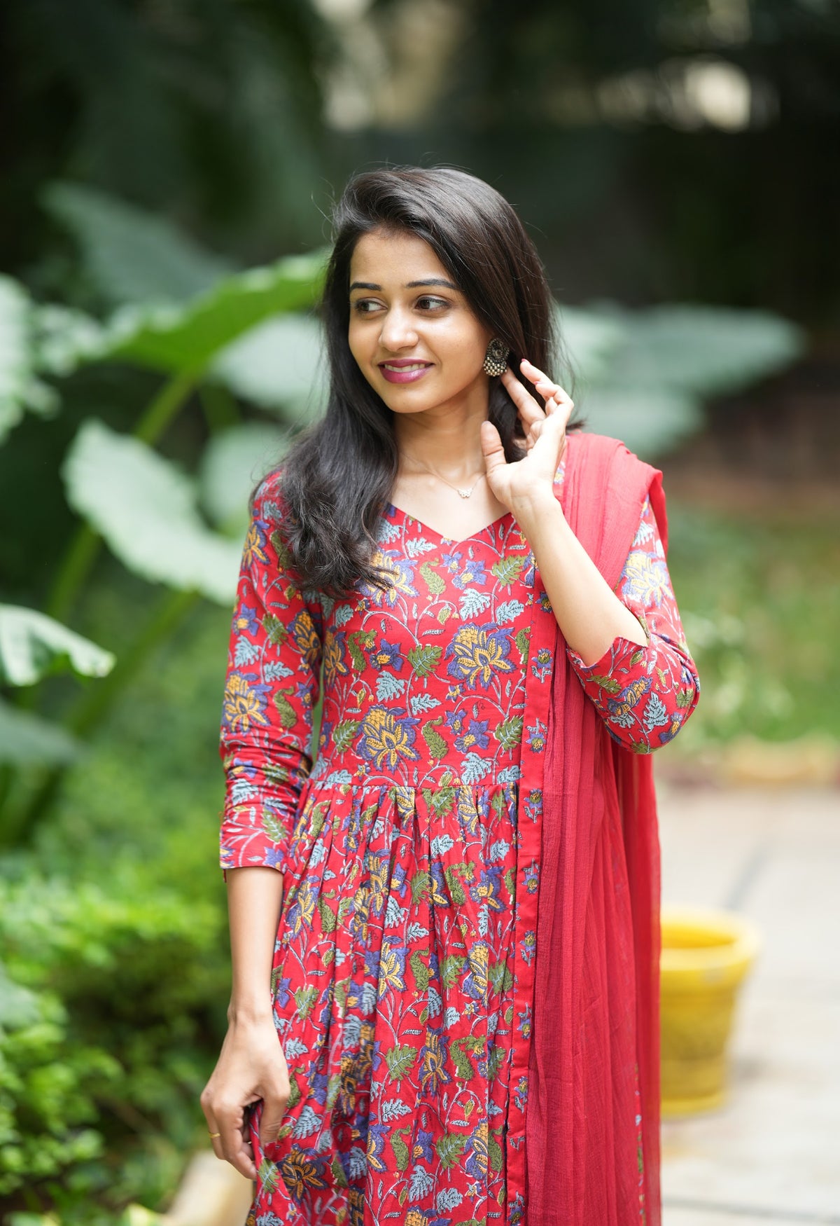 Sneha – Pink Block Print Anarkali with Chiffon Dupatta