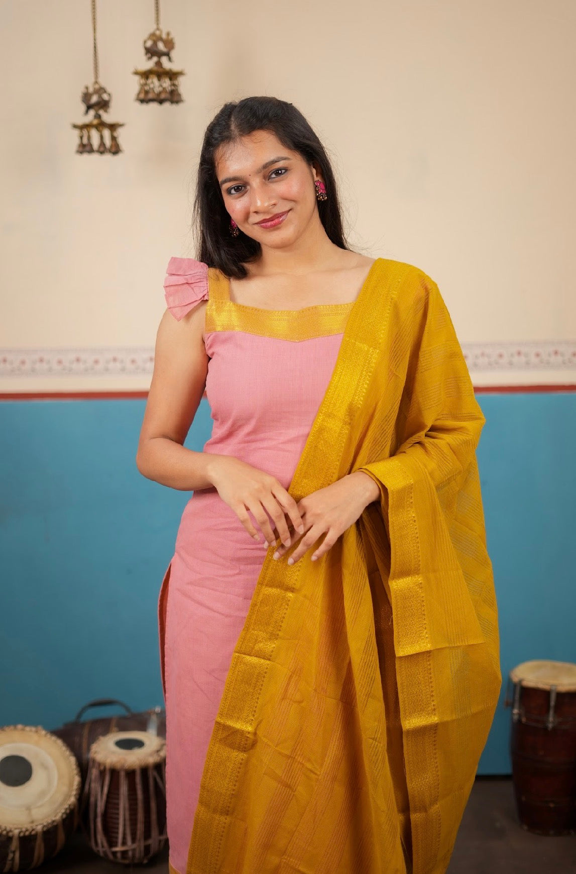 PANCHAMI -Mangalgiri set pink with mustard  (VC745)