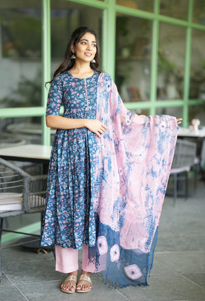 Blue floral Anarkali set for women