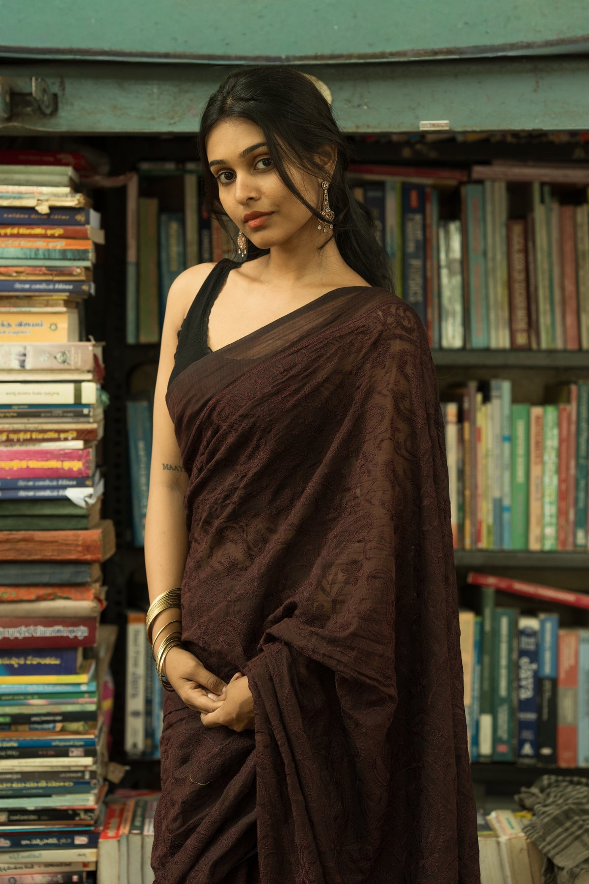 Mocha chikankari Saree-VCD1019