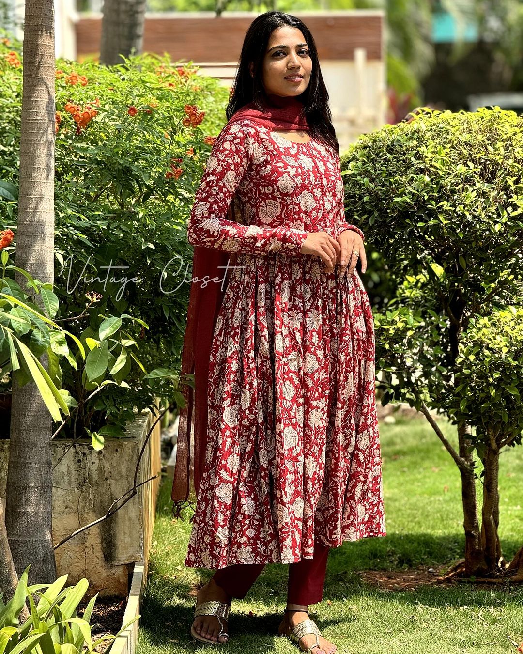 Mangai – Red Organic Cotton Block Print Anarkali Suit