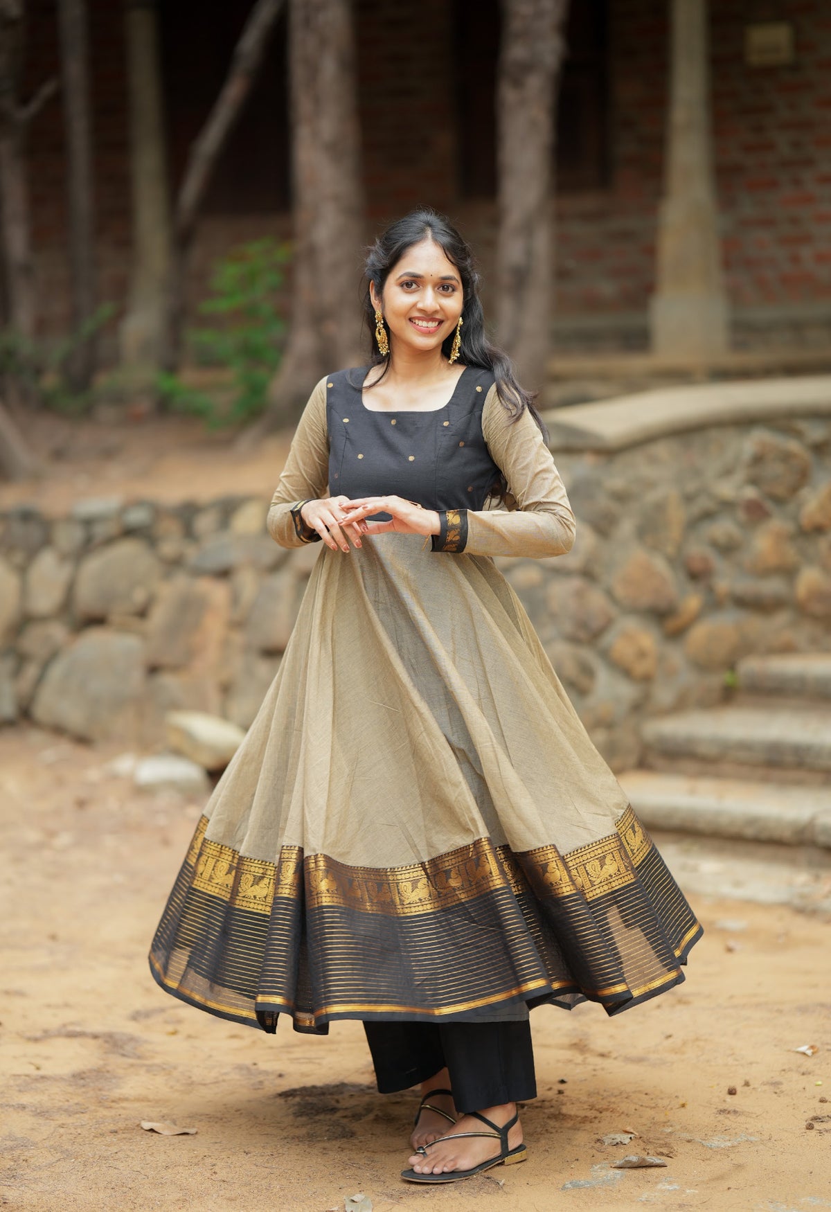 Damini – Black Chettinad Cotton Full-Flare Anarkali Suit