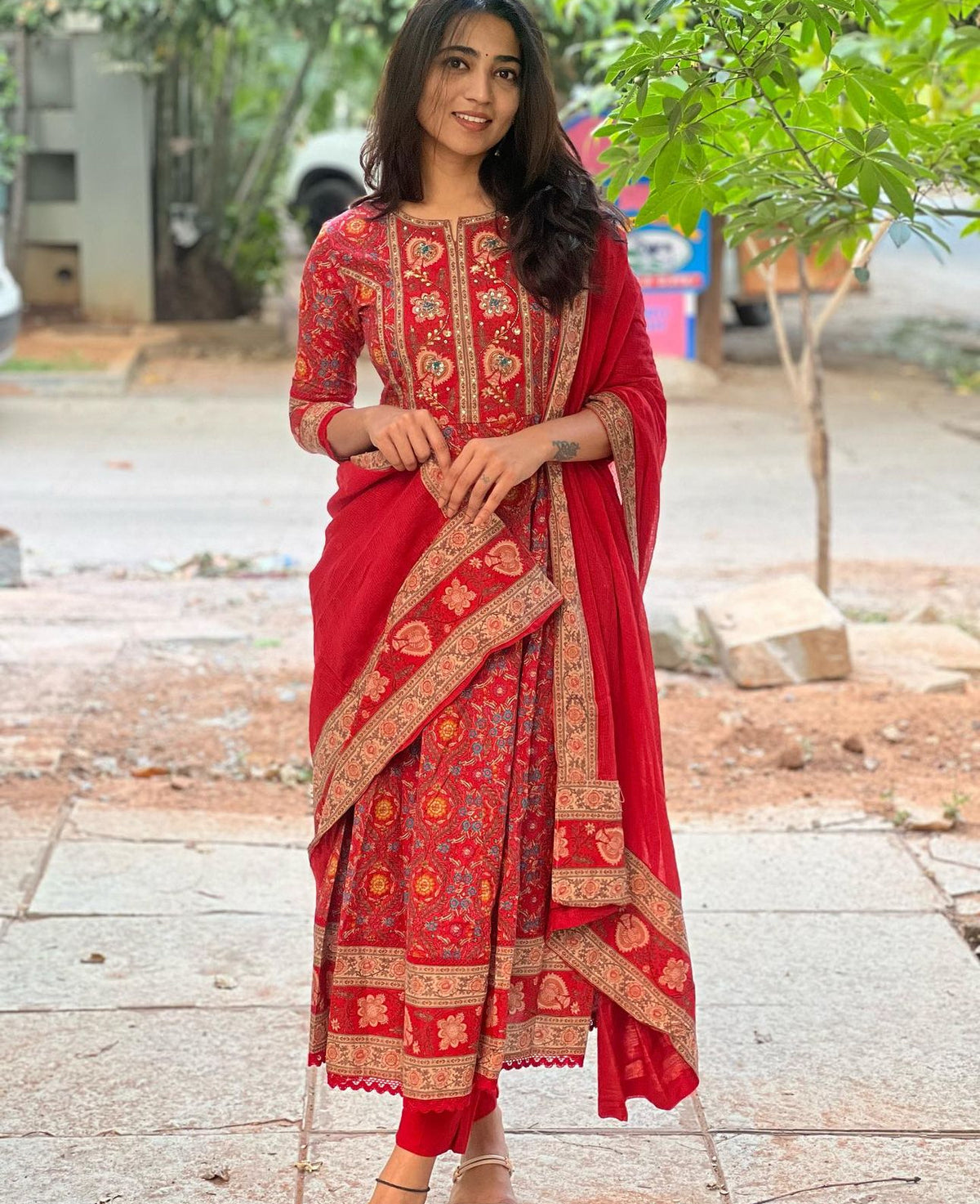 Amrita – Red Cotton Embroidered Anarkali Suit Set