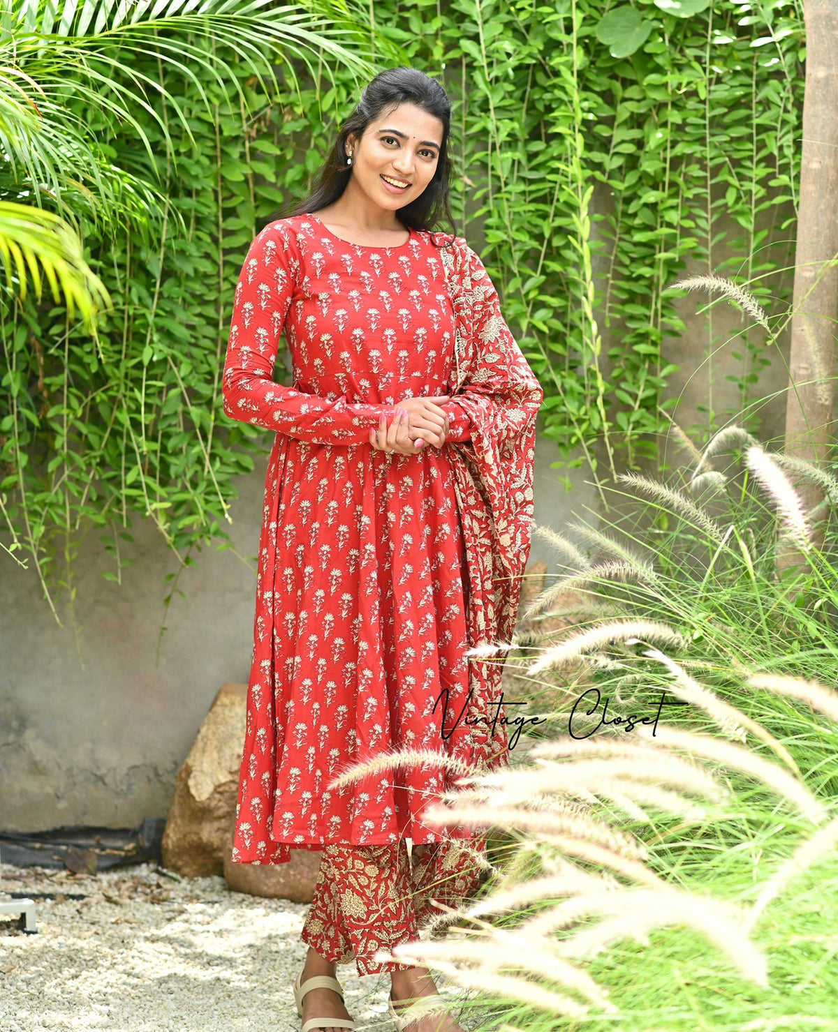 Shreya – Cherry Red Cotton Block Print Anarkali Suit Set
