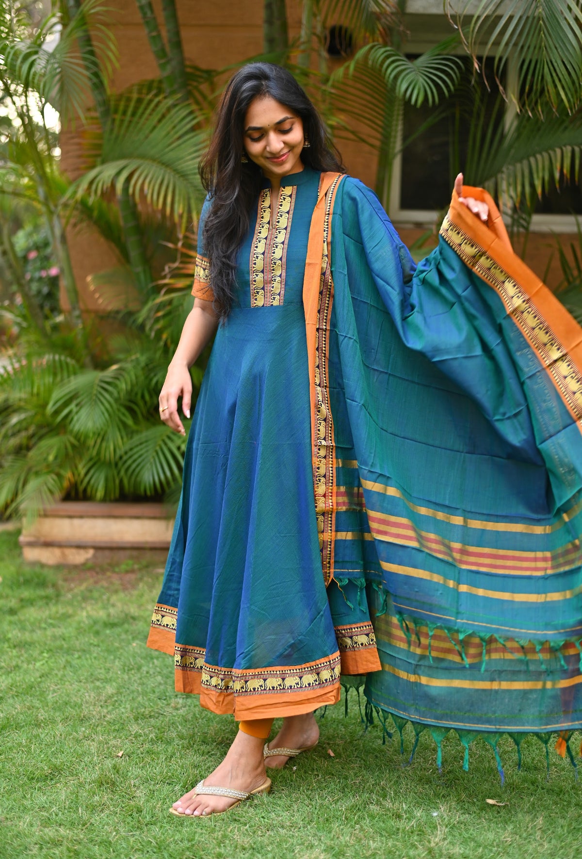 Arti Gold – Peacock Narayanpet Anarkali with Mustard Dupatta