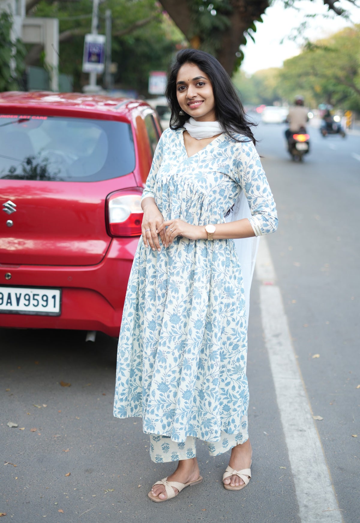Avantra – Floral Cotton Alia-Cut Anarkali Suit Set