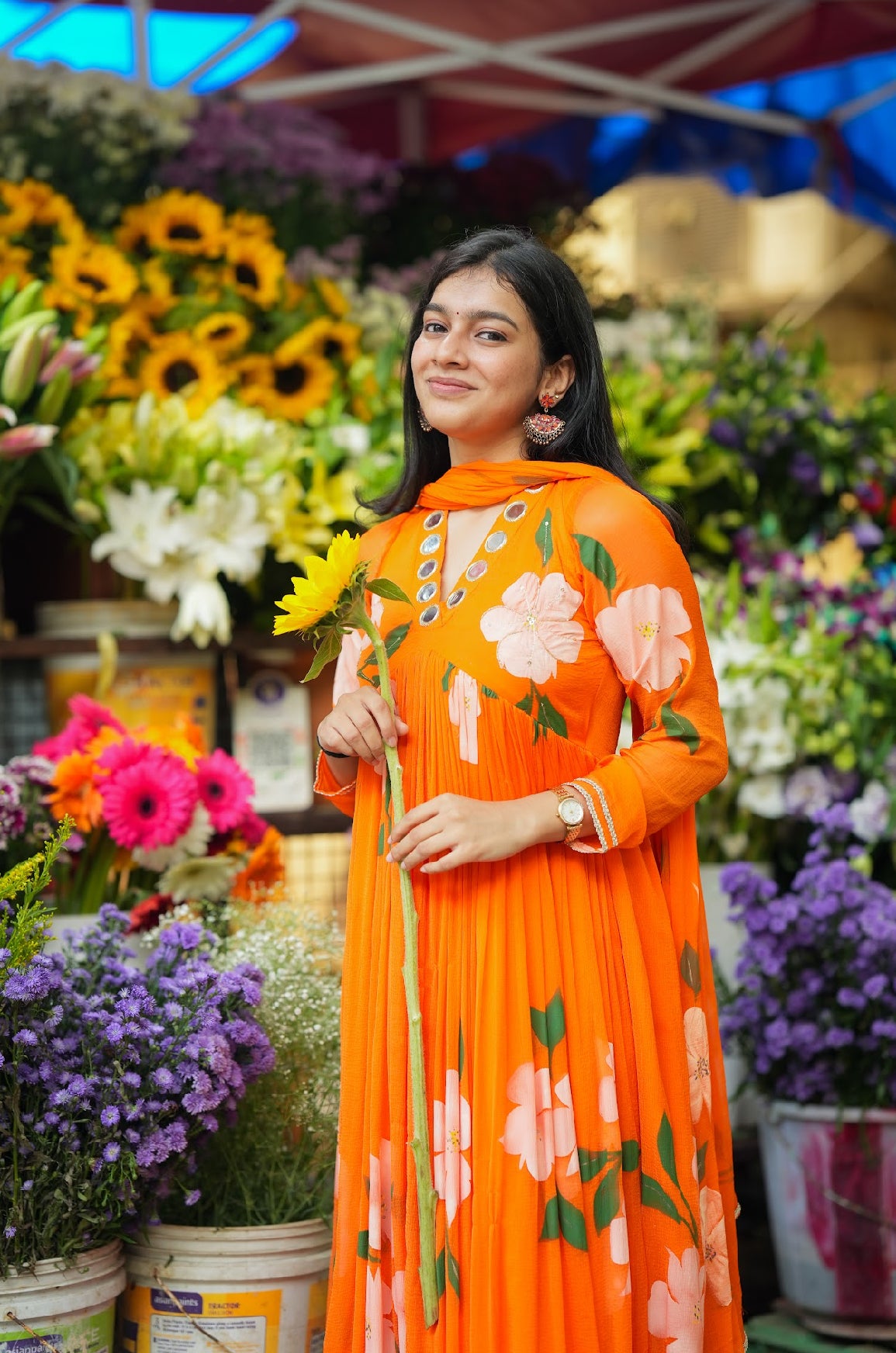 Tamara – Orange Hand-Painted Chiffon Alia-Cut Suit