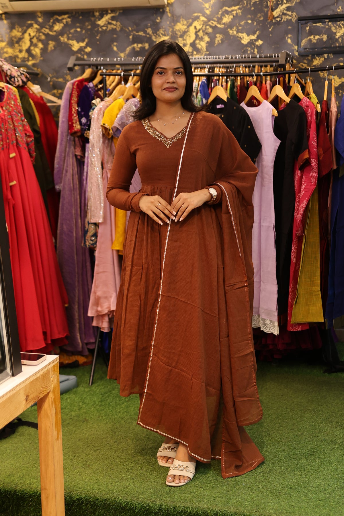 Saanvi – Coffee Brown Kota Cotton Anarkali Suit Set with Dupatta