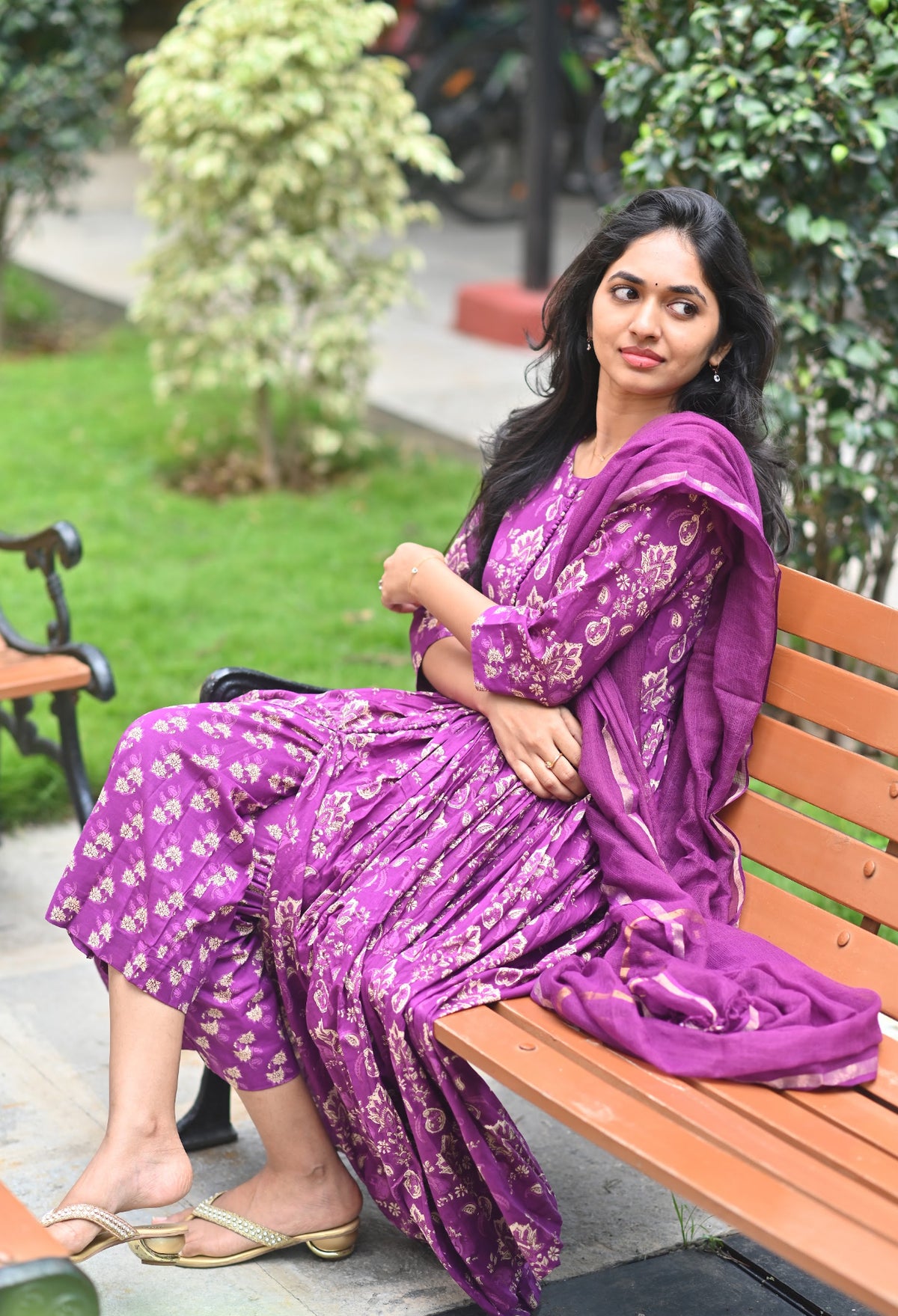 Aditi – Violet Cotton Handblock Anarkali Suit Set