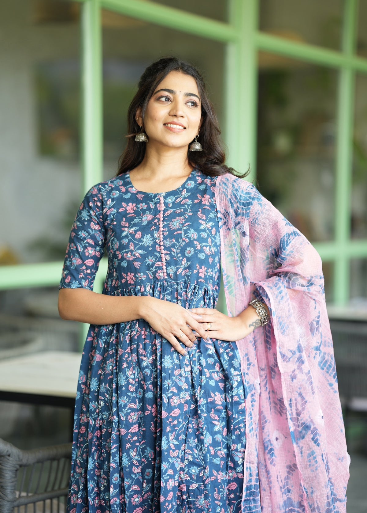 Cotton Anarkali suit set with contrasting Kota dupatta