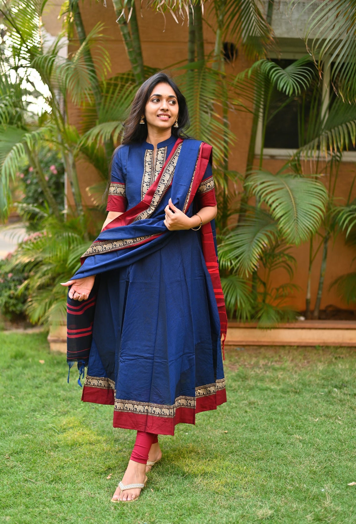 Arti – Blue Narayanpet Anarkali with Red Dupatta