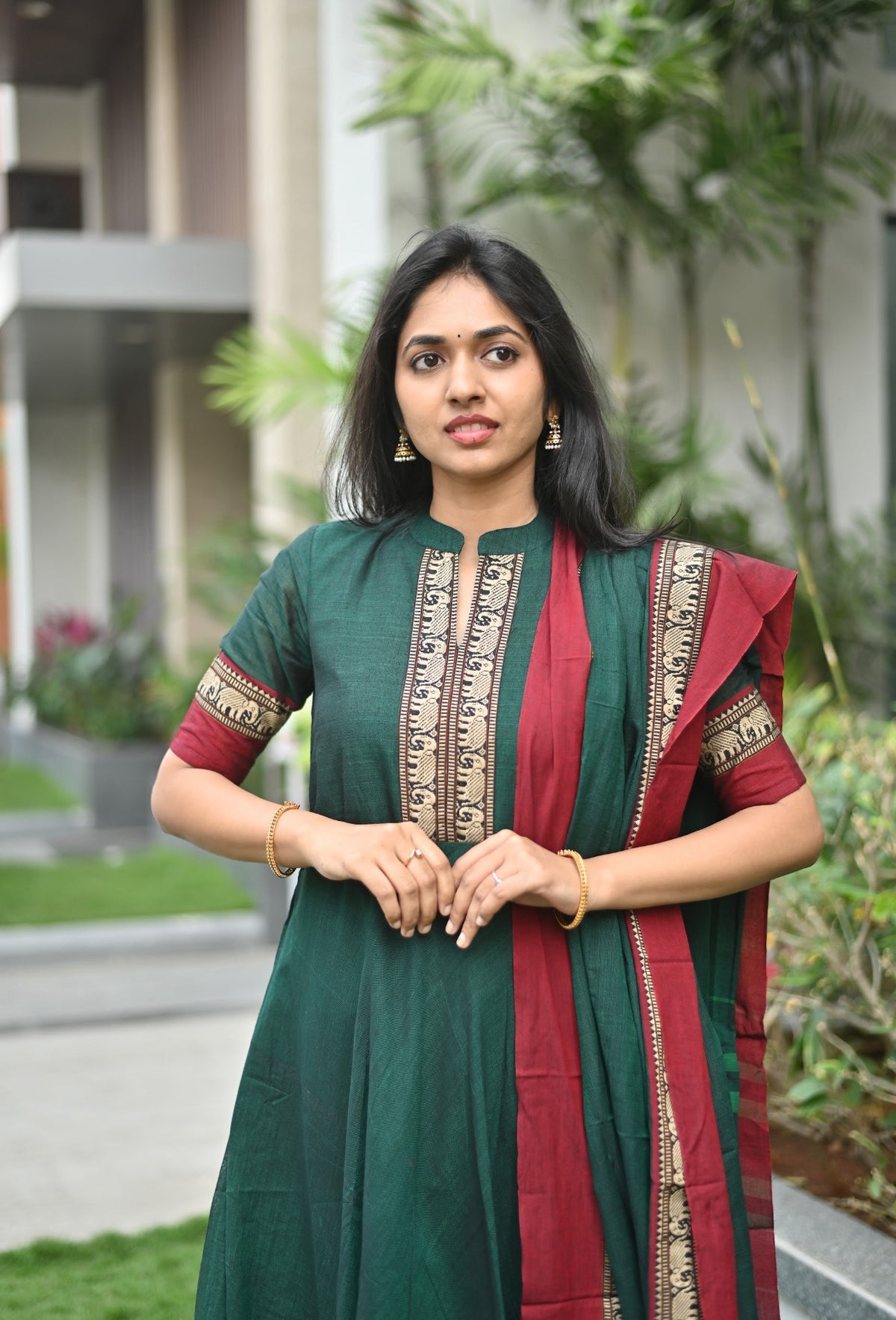 Arti – Green Narayanpet Anarkali with Red Dupatta
