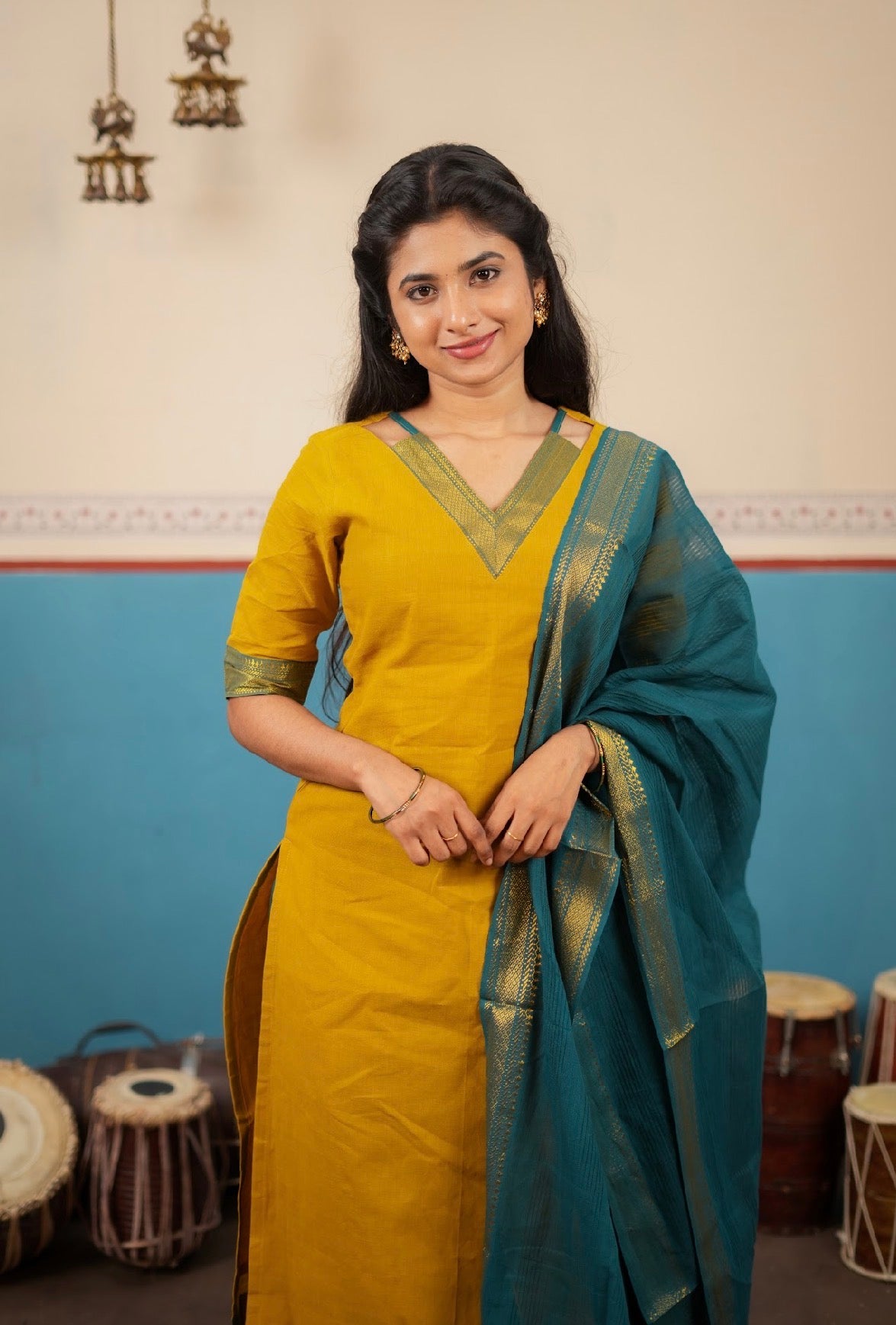 PANCHAMI -Mangalgiri set mustard with Rama blue  (VC746)