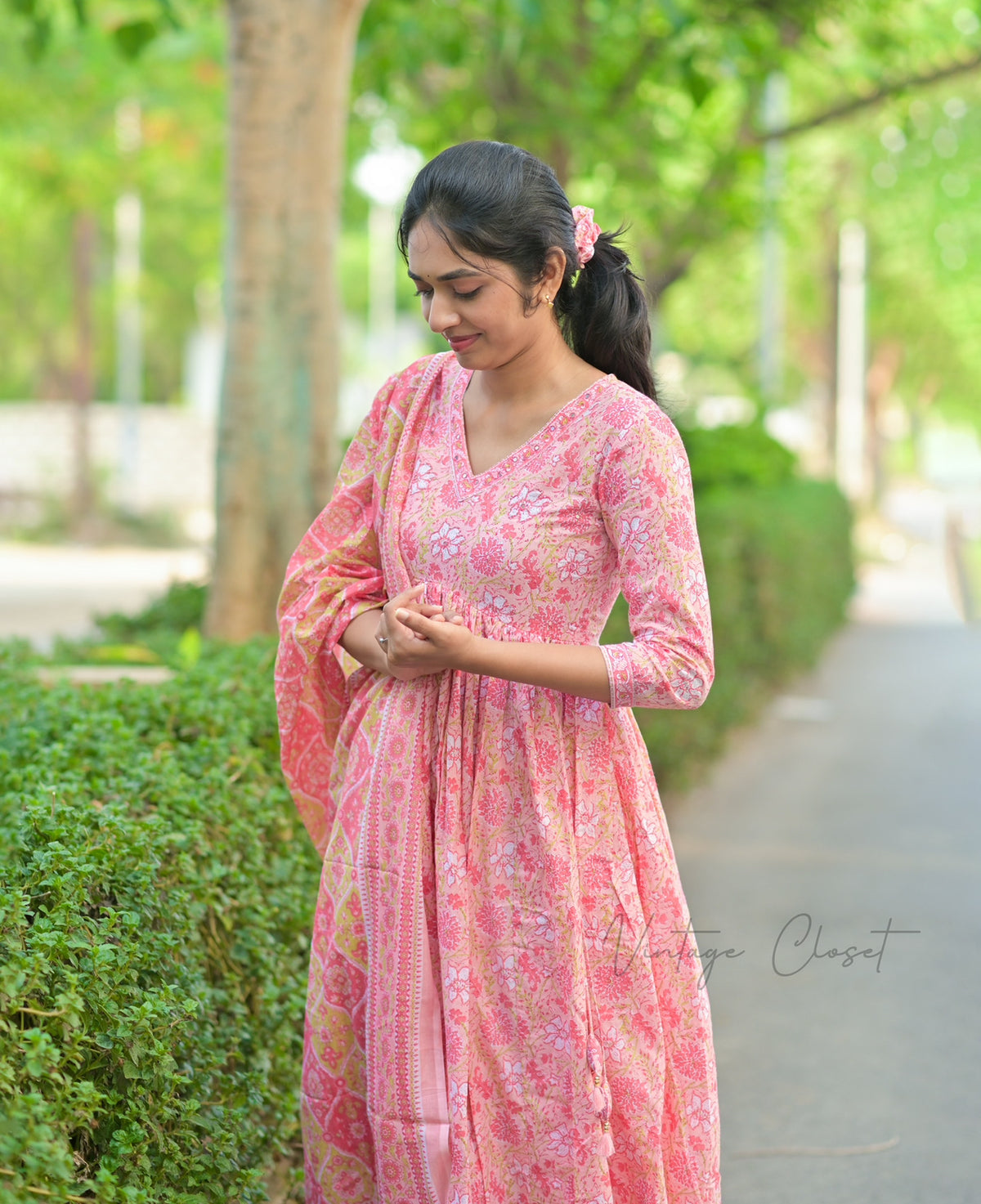 Sangamithra – Pink Handblock Print Suit with Kota Doria Dupatta