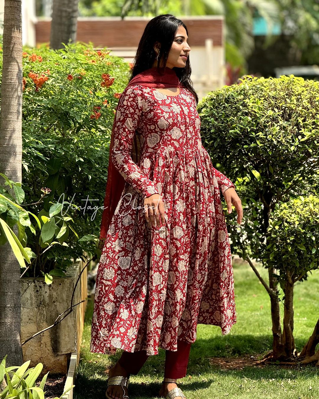 Mangai – Red Organic Cotton Block Print Anarkali Suit