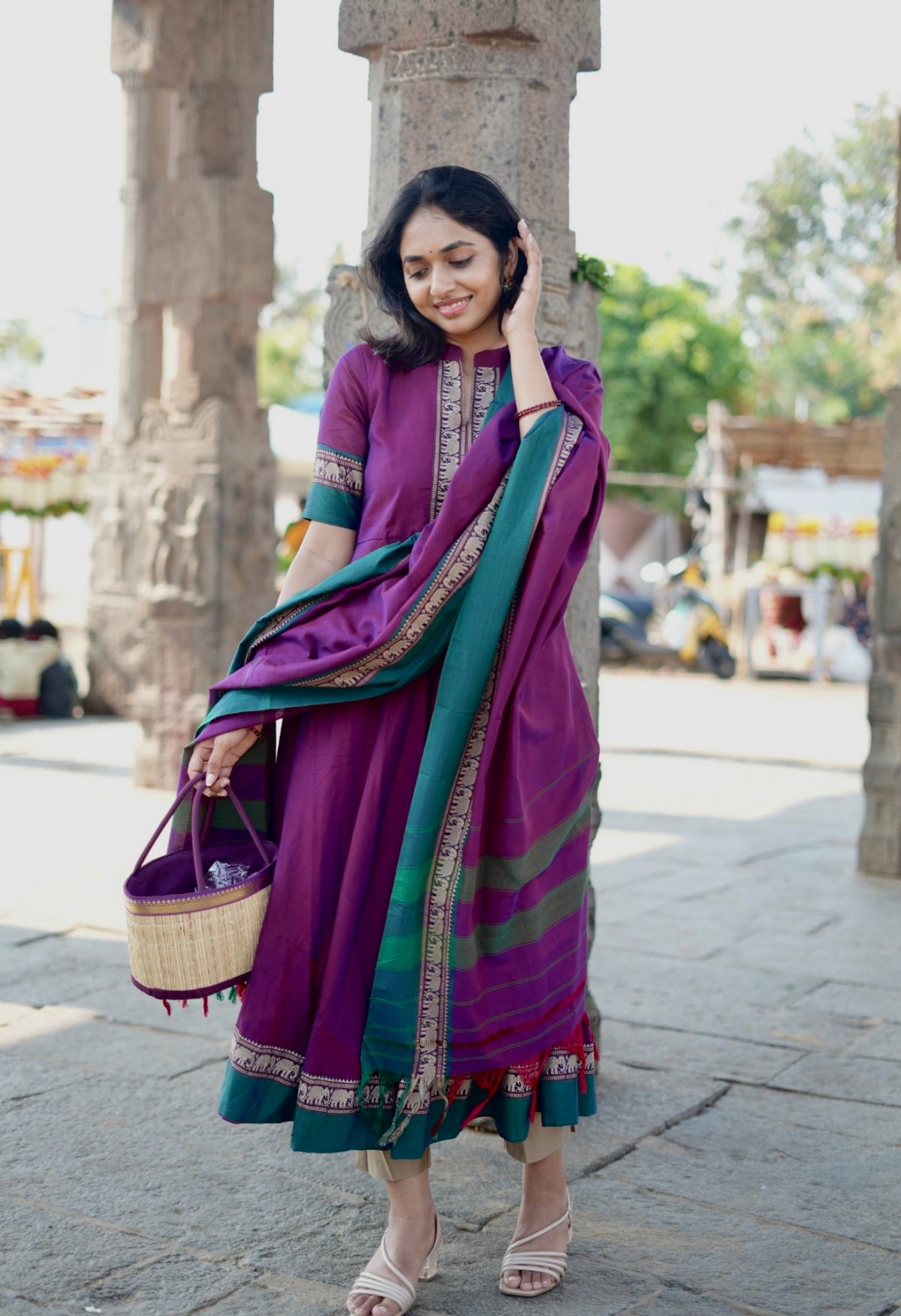 Arti – Violet Narayanpet Anarkali with Green Dupatta