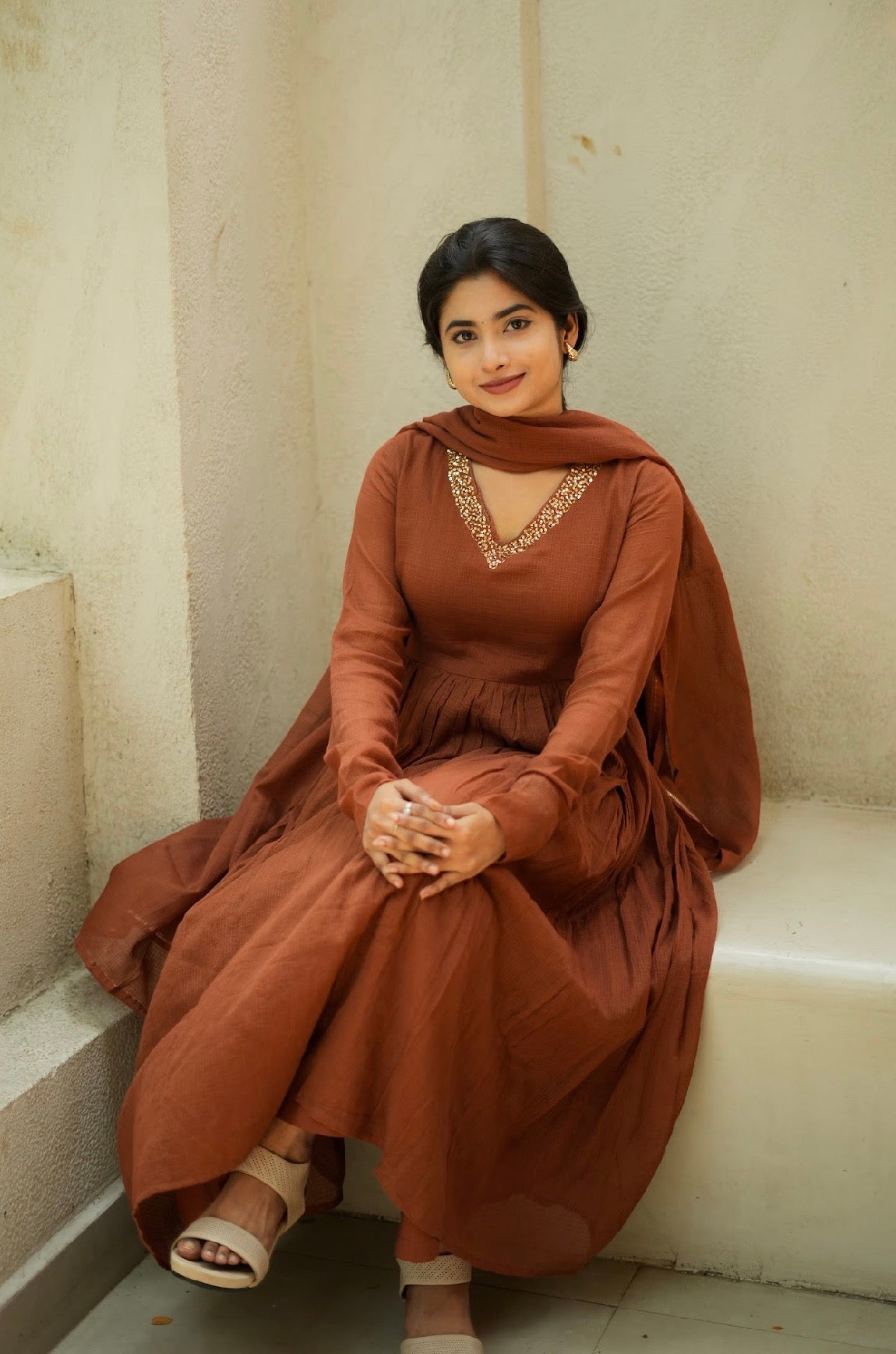 Saanvi – Coffee Brown Kota Cotton Anarkali Suit Set with Dupatta