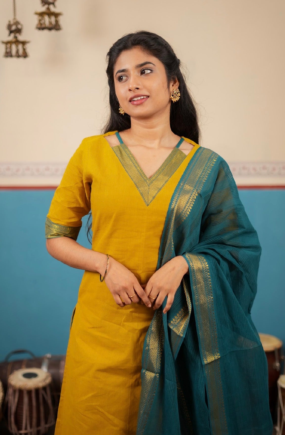 PANCHAMI -Mangalgiri set mustard with Rama blue  (VC746)