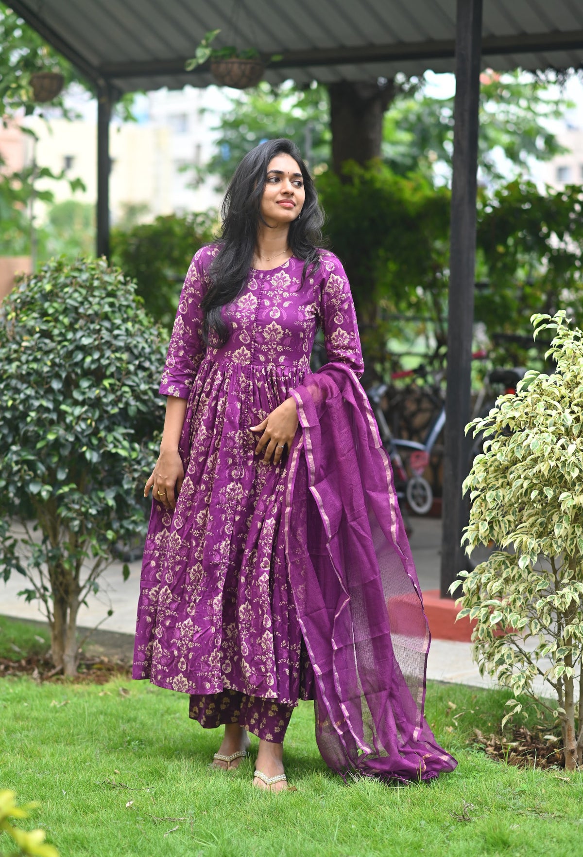 Aditi – Violet Cotton Handblock Anarkali Suit Set