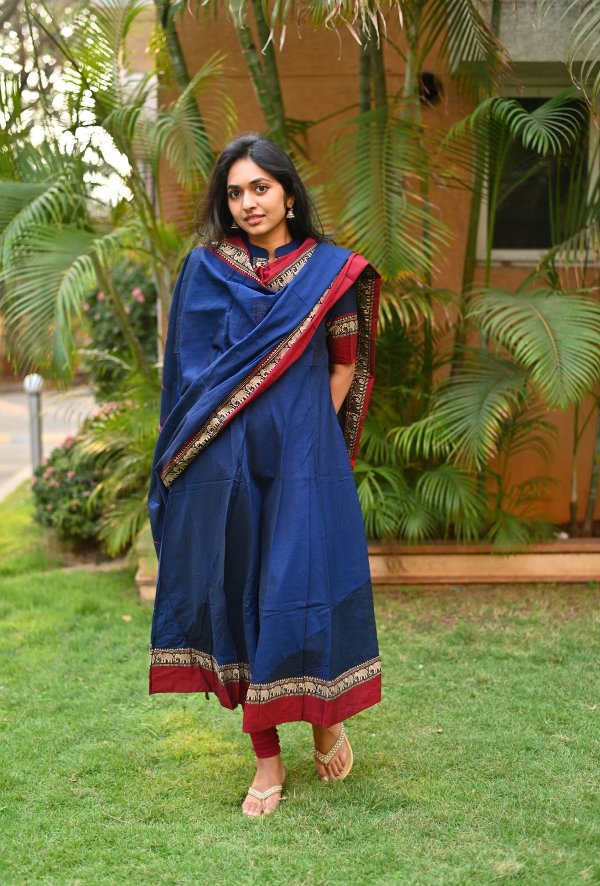 Arti – Blue Narayanpet Anarkali with Red Dupatta