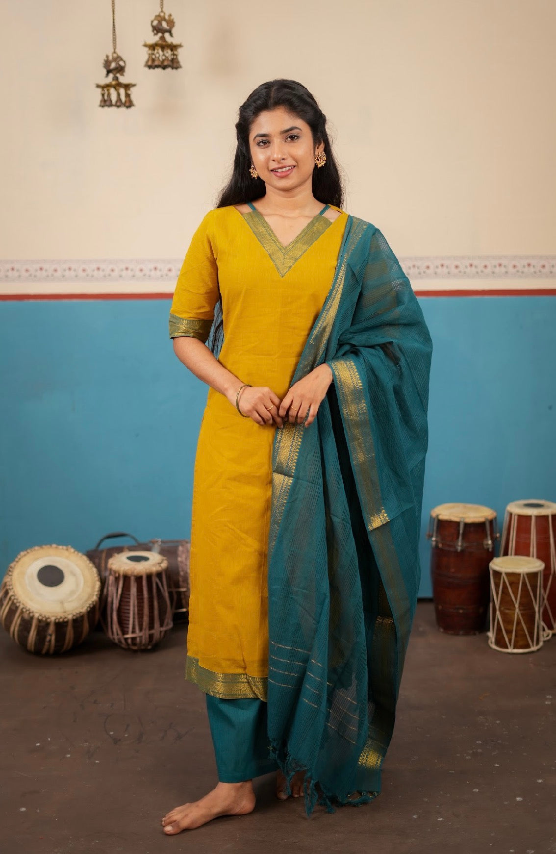 PANCHAMI -Mangalgiri set mustard with Rama blue  (VC746)