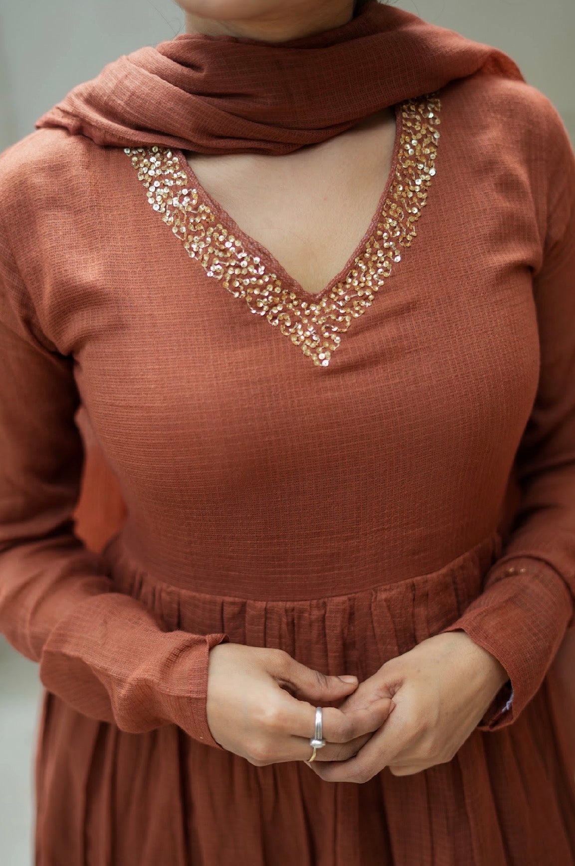 Saanvi – Coffee Brown Kota Cotton Anarkali Suit Set with Dupatta