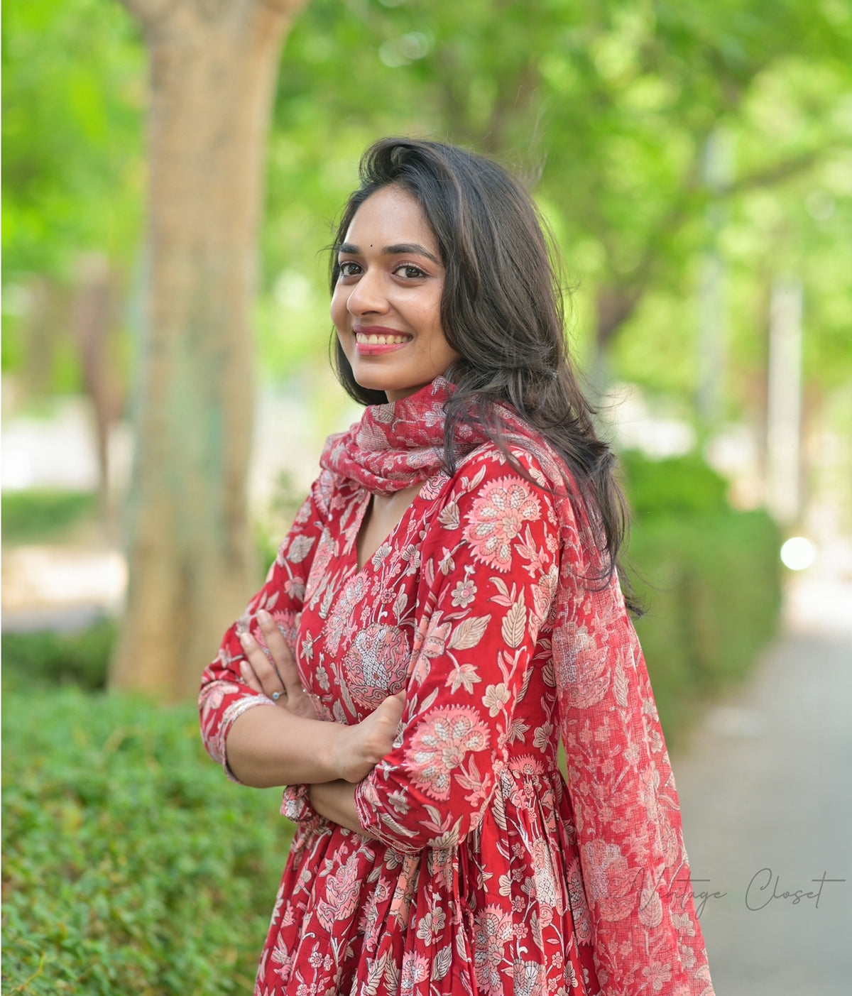 Kalpana – Red Handblock Print Suit with Kota Doria Dupatta