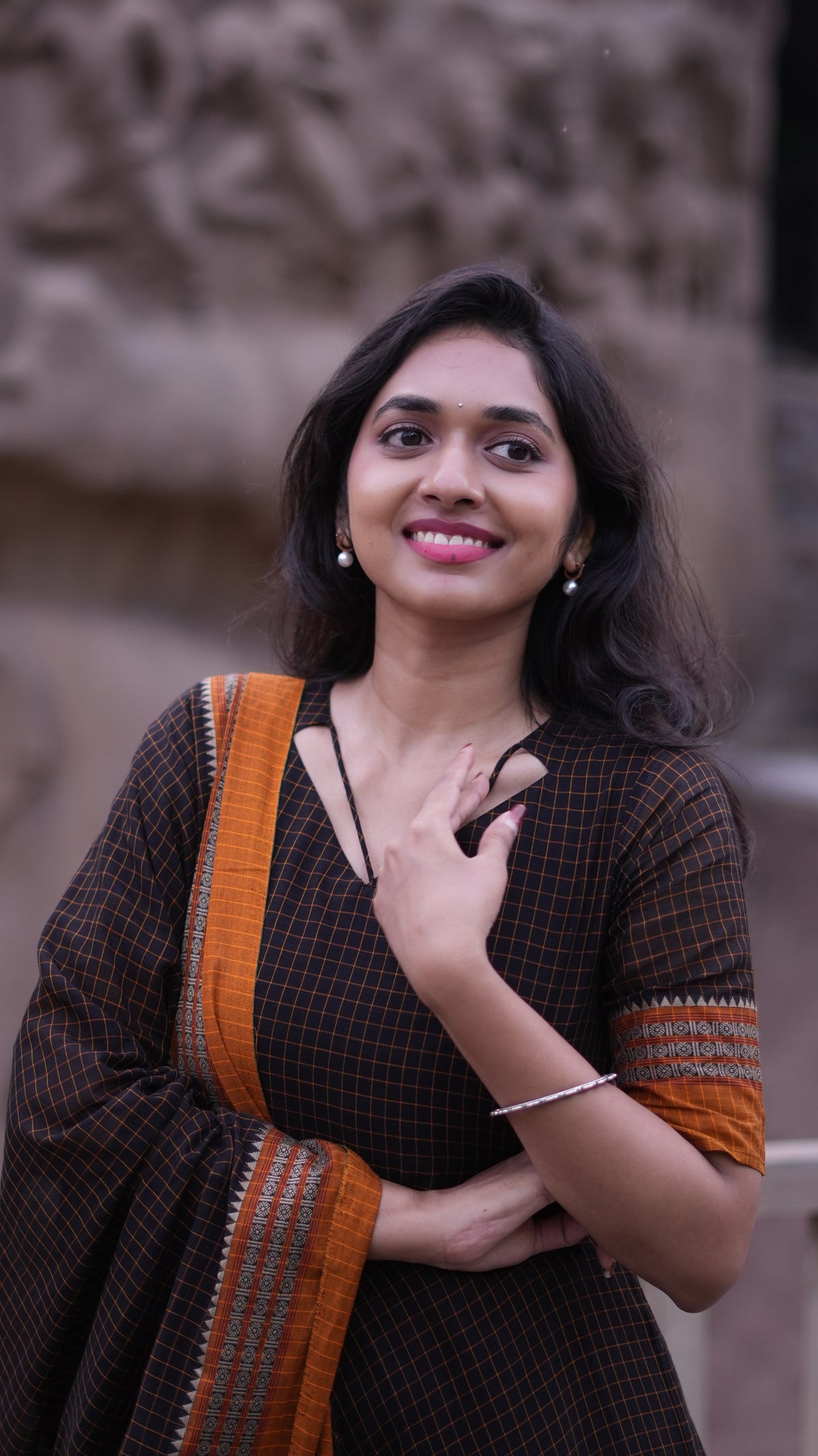 Arti Checks – Black Narayanpet Anarkali with Mustard Dupatta
