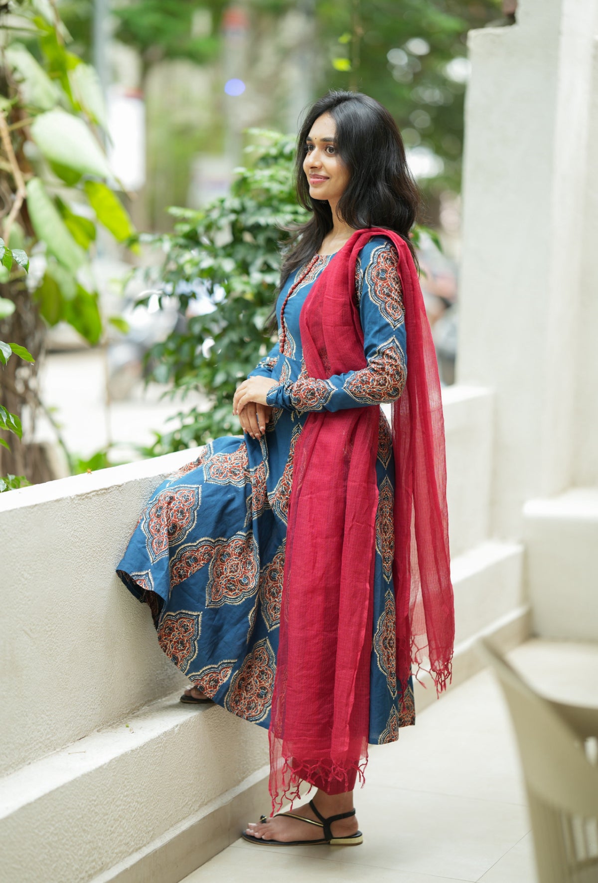 Ashmitha – Blue Floral Block Print Anarkali Suit Set