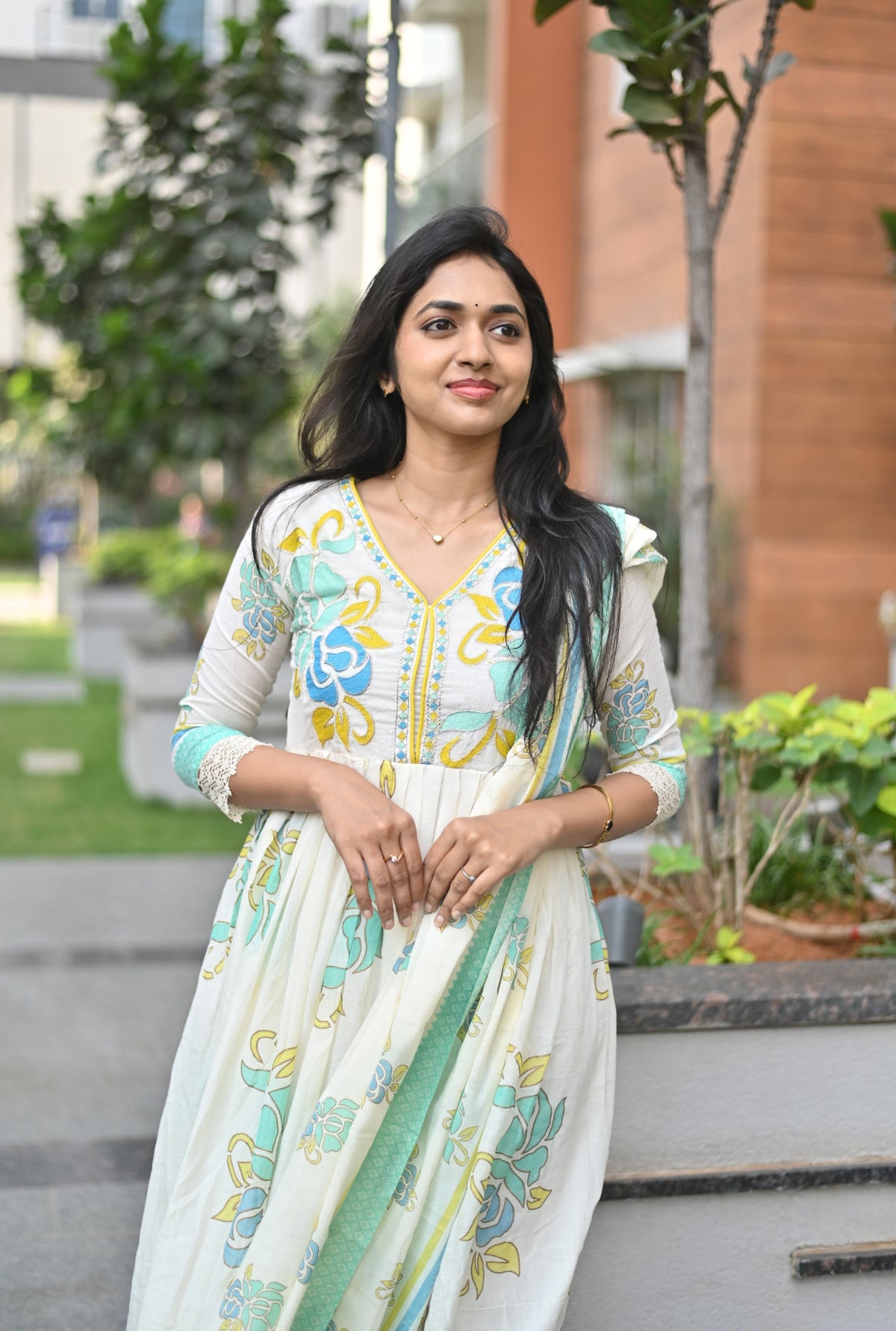 Shalini – Blue Embroidered Mul Cotton Dress & Dupatta Set